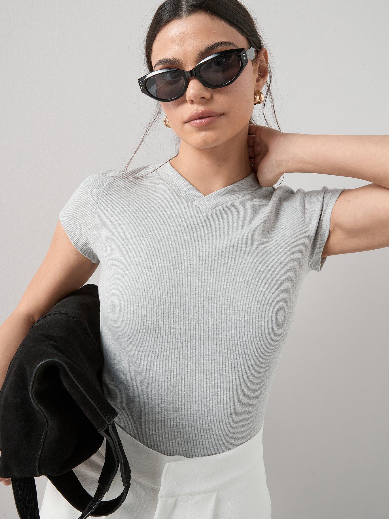 The Very Collection High V-Neck Fitted Ribbed T-Shirt - Cream