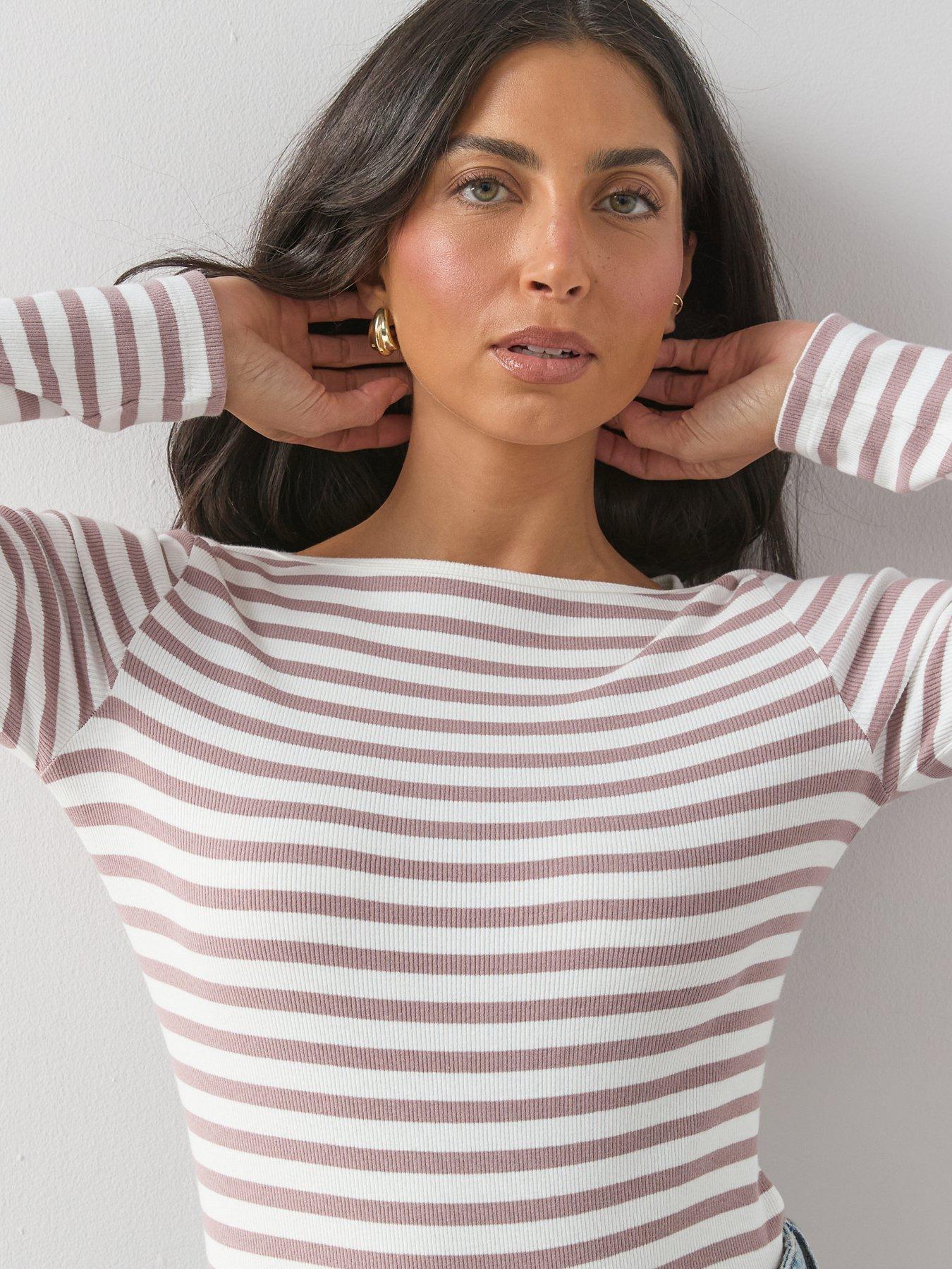 The Very Collection Boat Neck Stripe Ribbed Long Sleeve Top - Cream ...