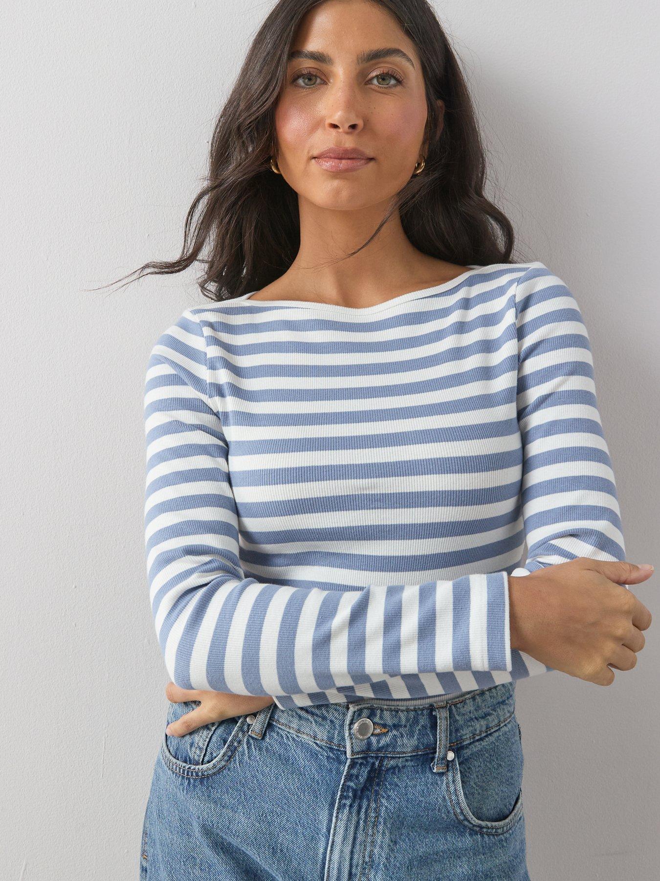 The Very Collection Boat Neck Stripe Ribbed Long Sleeve Top