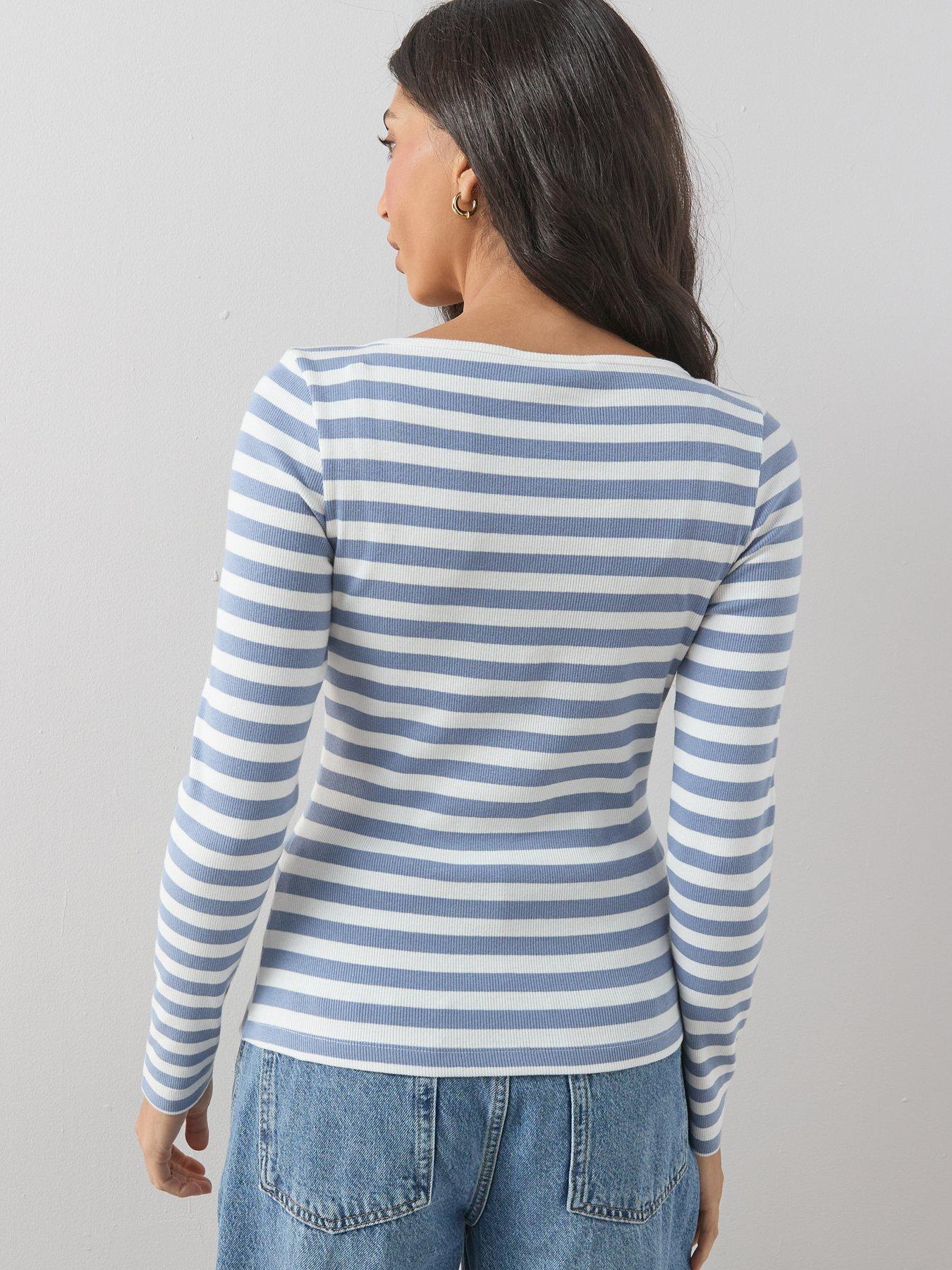 Image 2 of 6 of The Very Collection Boat Neck Stripe Ribbed Long Sleeve Top - Blue