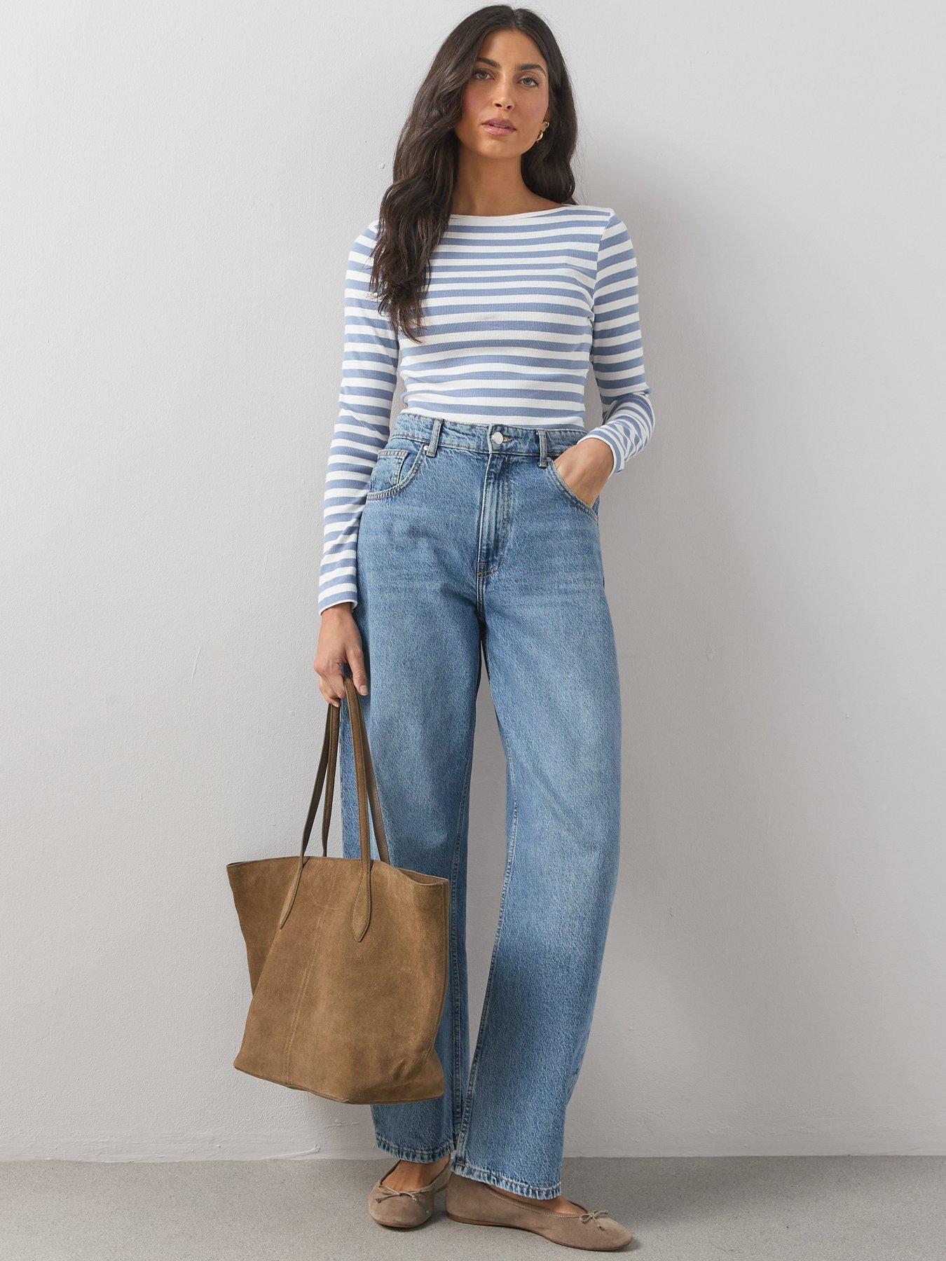 Image 3 of 6 of The Very Collection Boat Neck Stripe Ribbed Long Sleeve Top - Blue