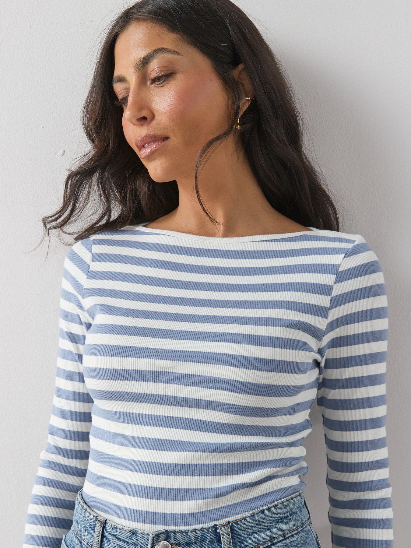 Image 4 of 6 of The Very Collection Boat Neck Stripe Ribbed Long Sleeve Top - Blue
