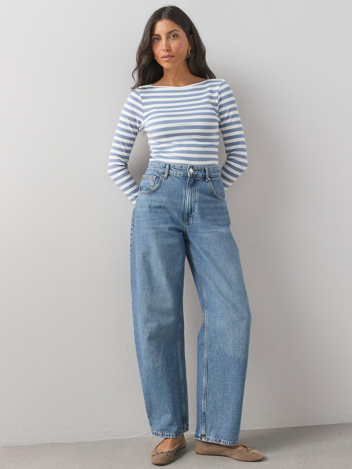 Image 5 of 6 of The Very Collection Boat Neck Stripe Ribbed Long Sleeve Top - Blue