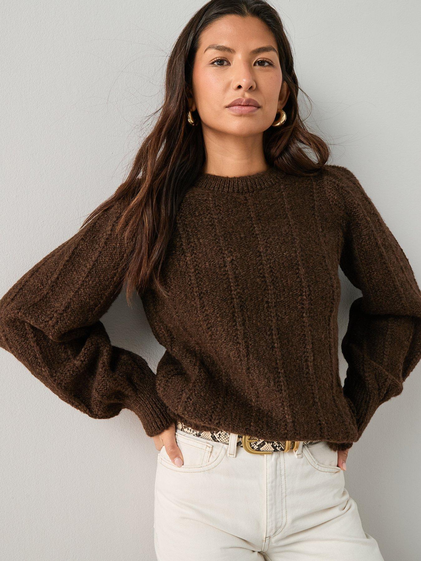 The Very Collection Stitch Detail Crew Neck Jumper With Wool - Chocolate
