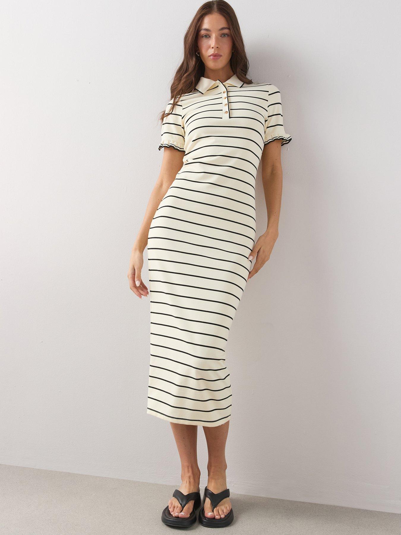 The Very Collection Short Sleeve Stripe Polo Midi Dress - Cream