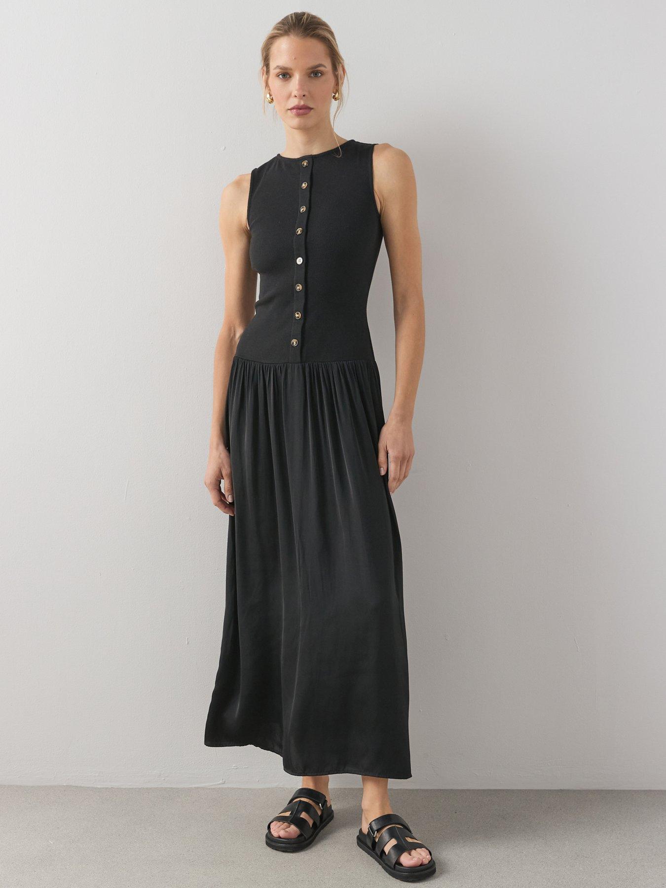 the-very-collection-button-front-ribbed-maxi-dress-blackfront