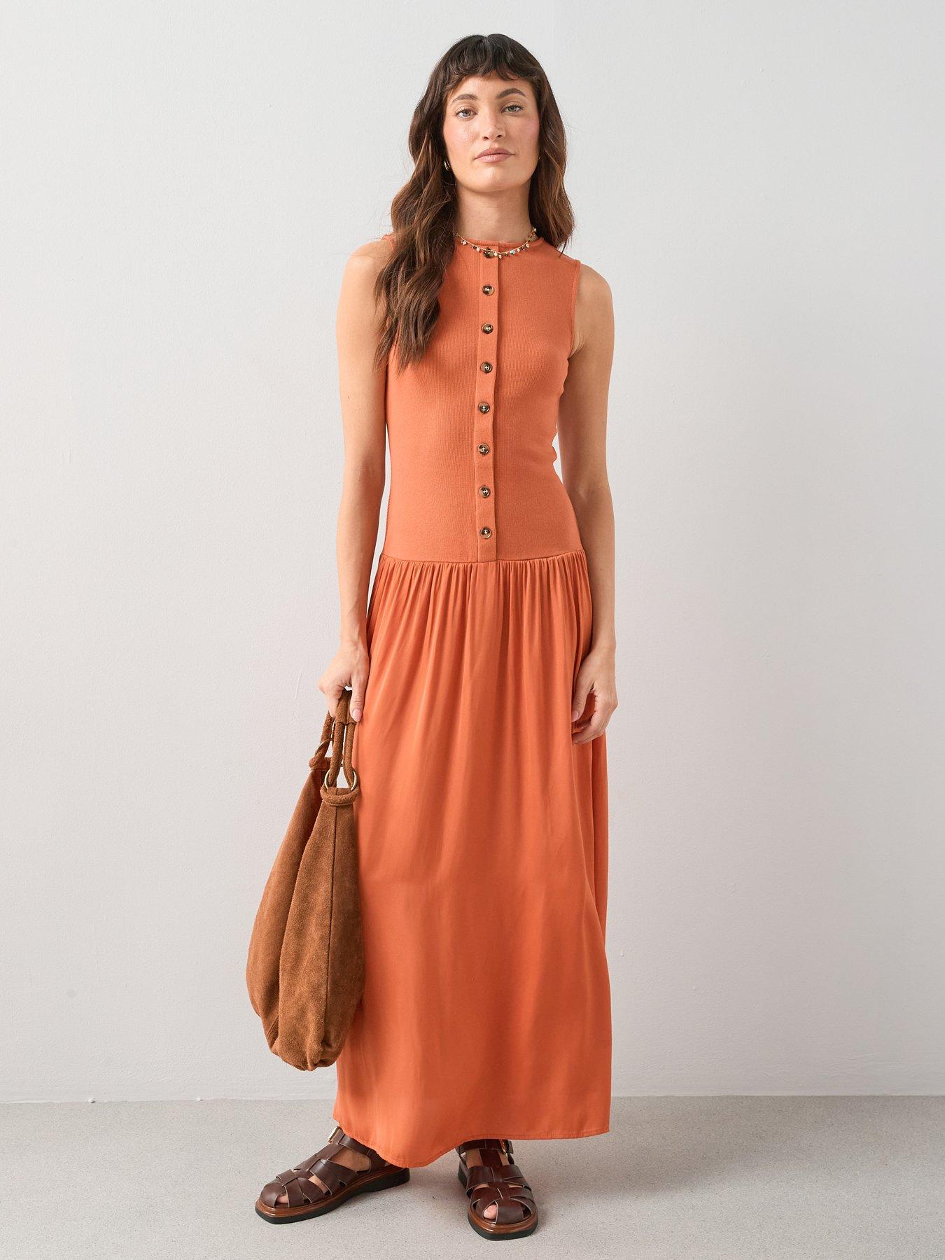 the-very-collection-button-through-ribbed-maxi-dress-orangefront