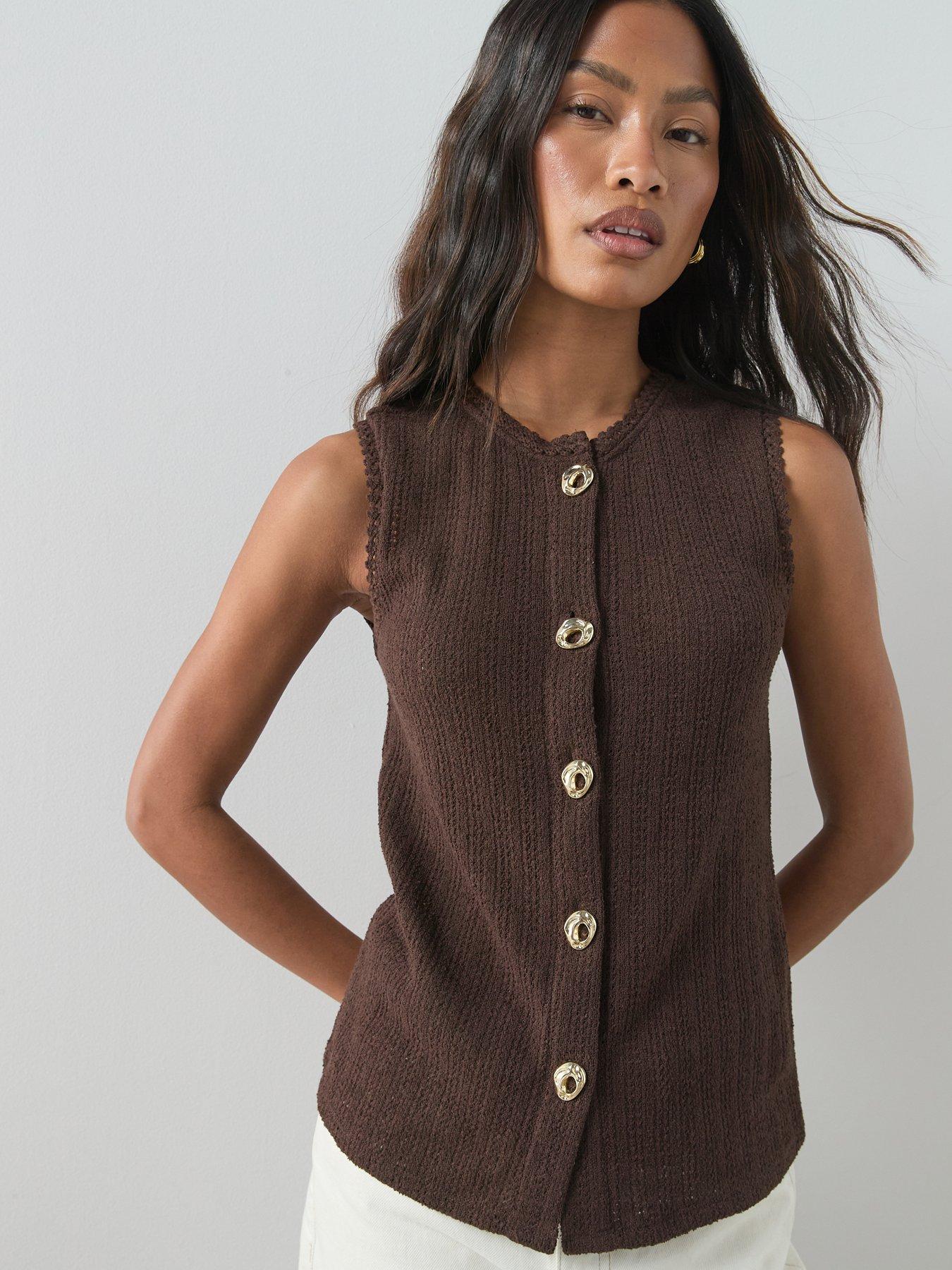 Image 1 of 6 of The Very Collection Textured Button Through Top - Brown