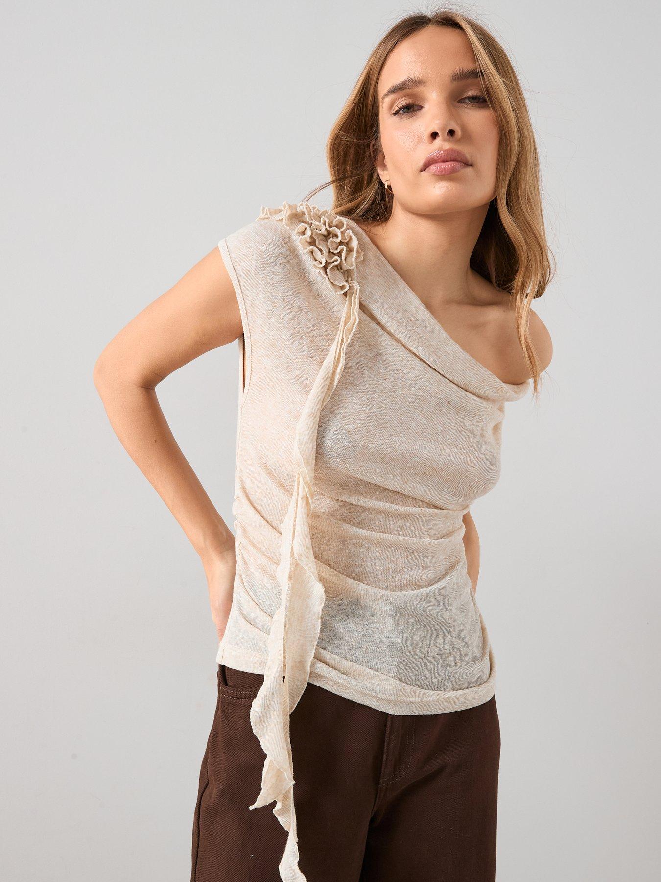 Image 1 of 6 of The Very Collection Draped Frill Sleeveless Top - Cream