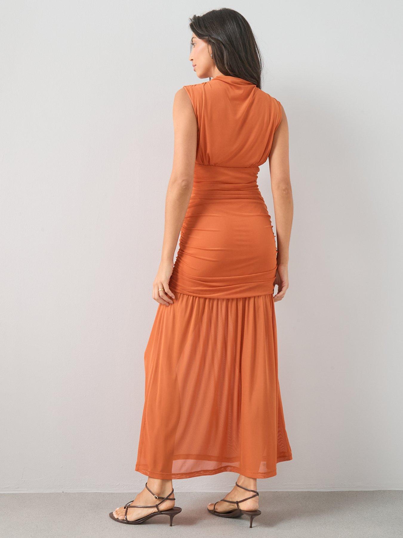 the-very-collection-draped-high-neck-midi-dress-orangestillFront