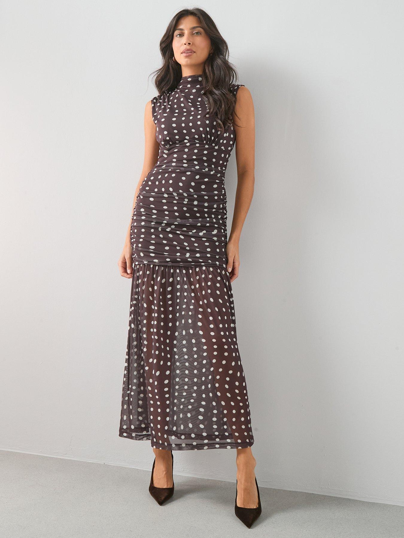 the-very-collection-spot-ruched-mesh-midi-dress-brownfront