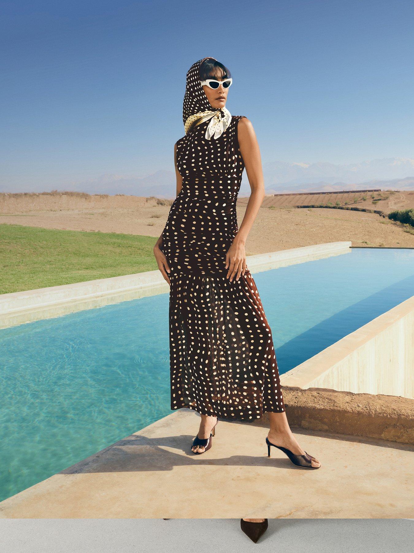 The Very Collection Printed Draped High Neck Midi Dress - Brown