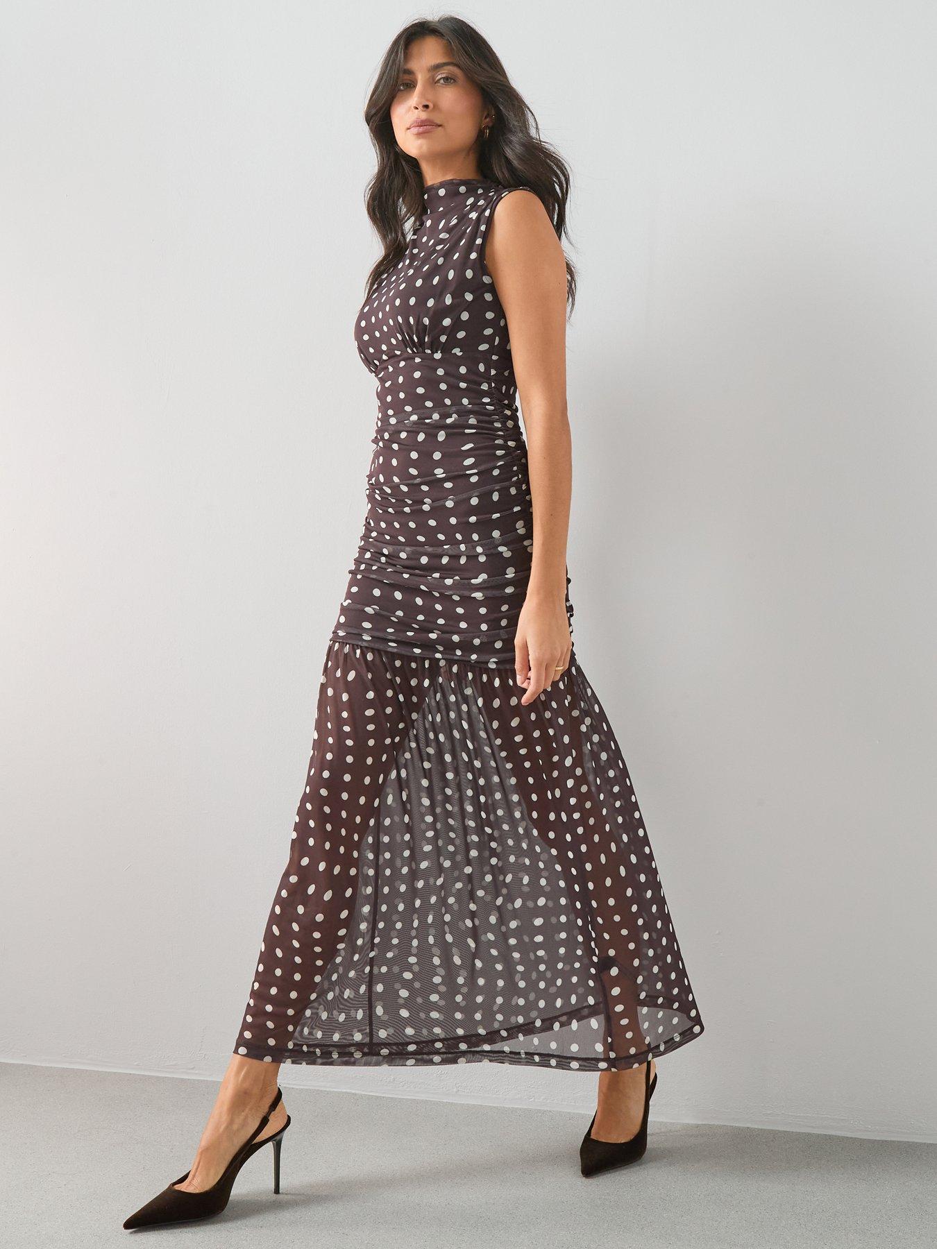 the-very-collection-spot-ruched-mesh-midi-dress-brownback