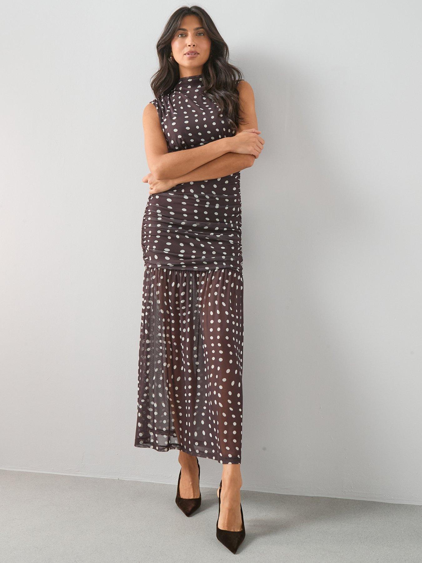 the-very-collection-spot-ruched-mesh-midi-dress-browndetail