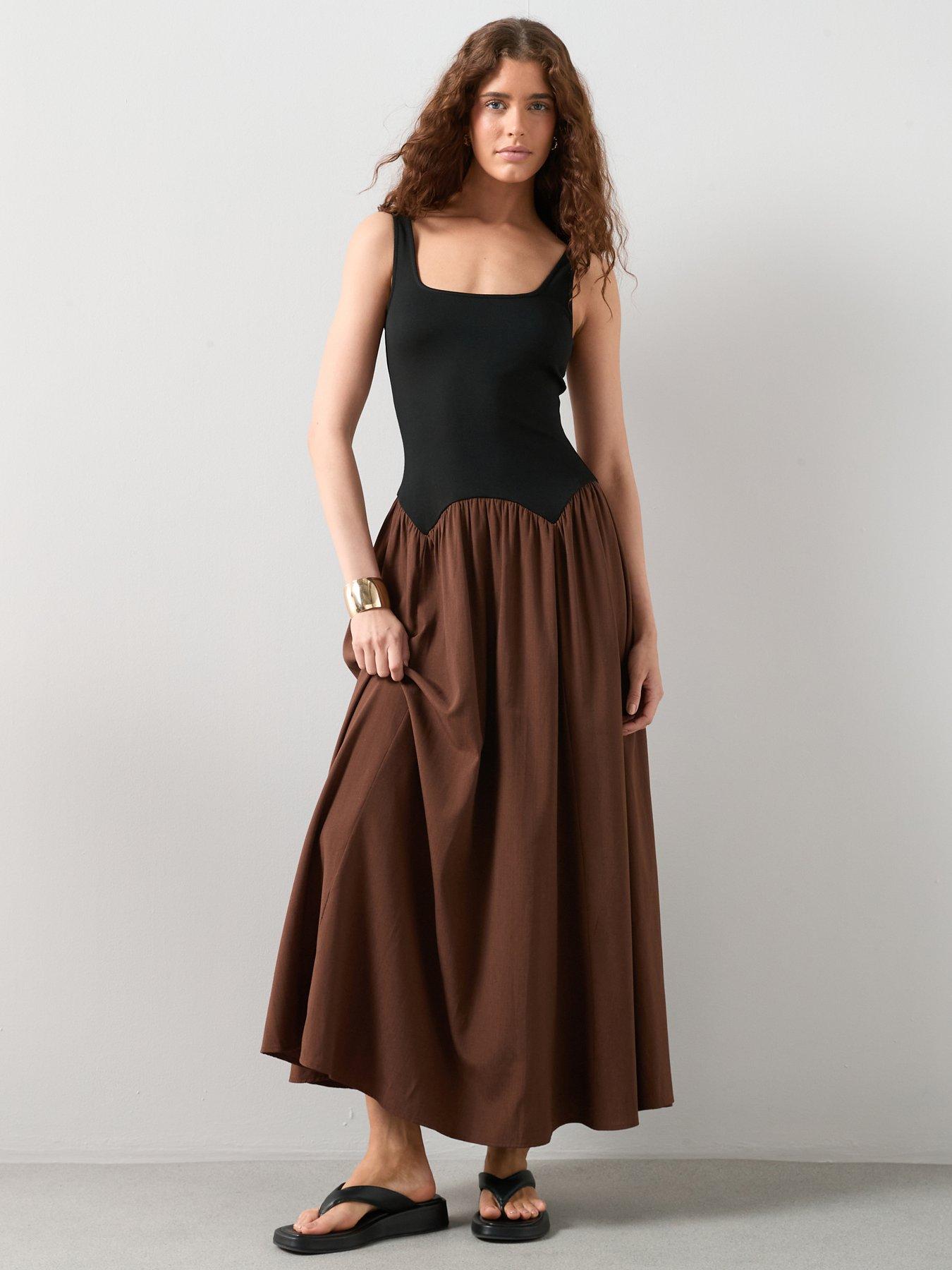 The Very Collection Dropped Hem Woven Skirt Midi Dress - Brown