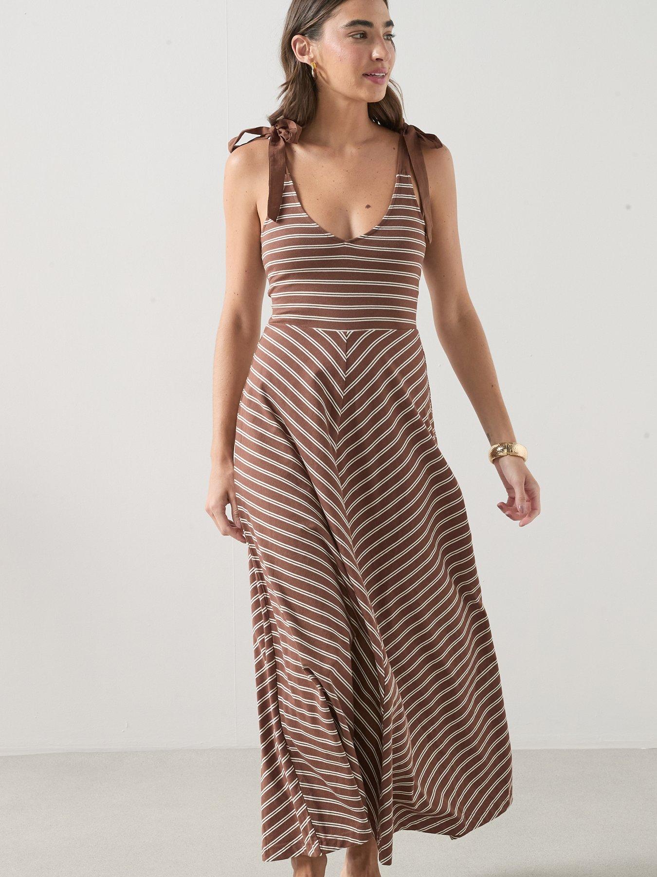 The Very Collection Tie Shoulder Stripe Midi Dress - Brown