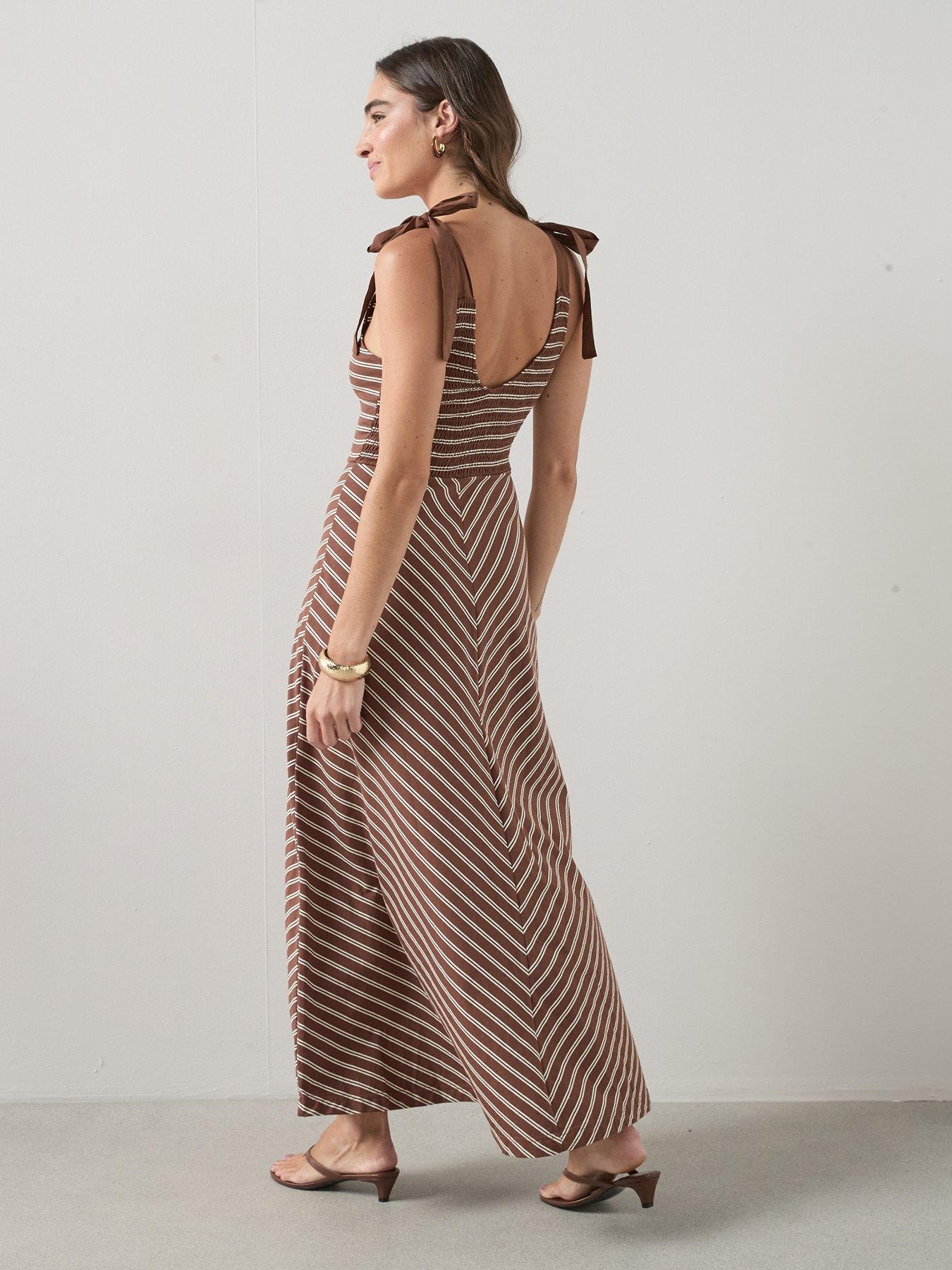 the-very-collection-tie-shoulder-stripe-midi-dress-brownstillFront