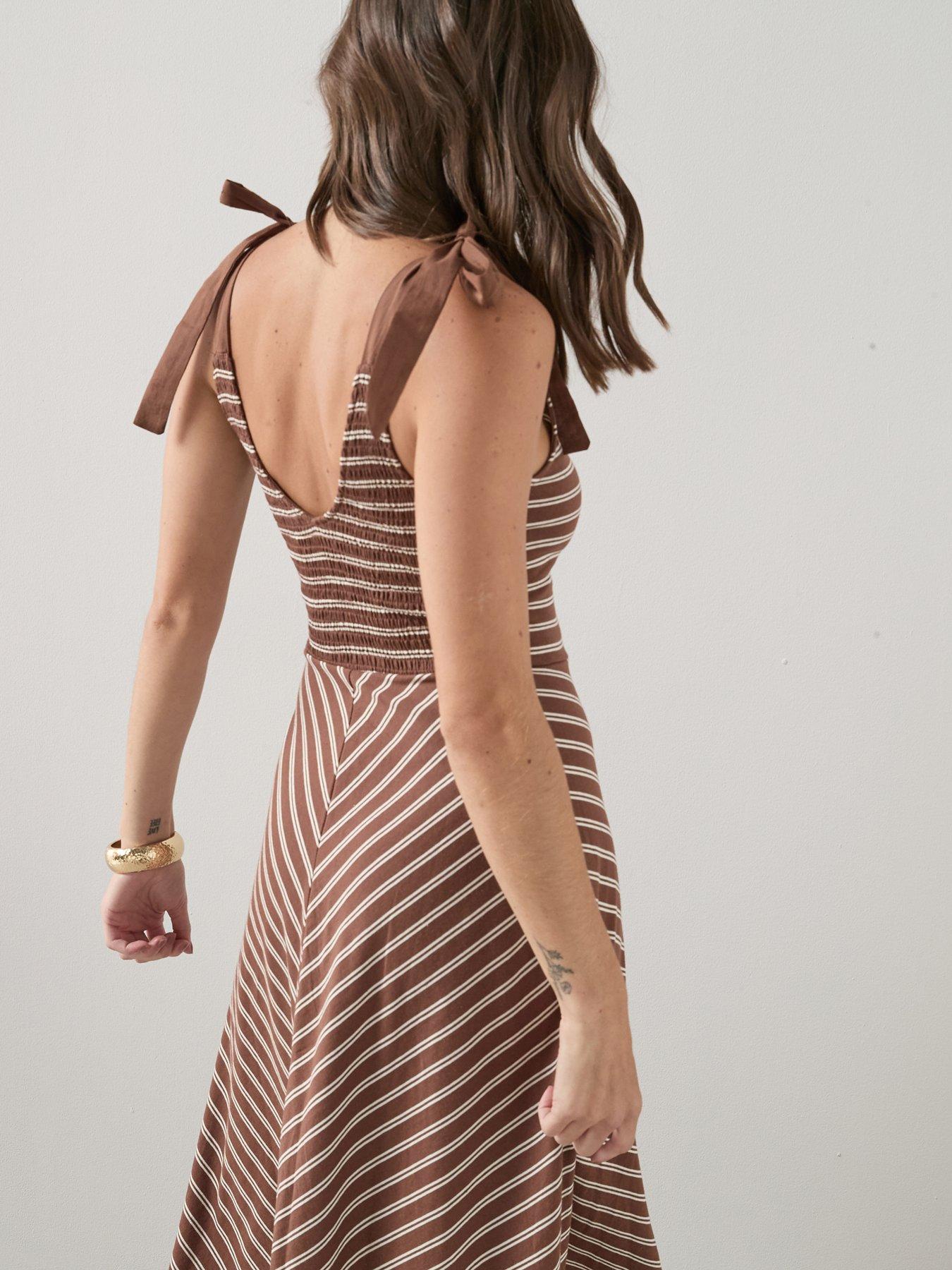 Image 5 of 6 of The Very Collection Tie Shoulder Stripe Midi Dress - Brown