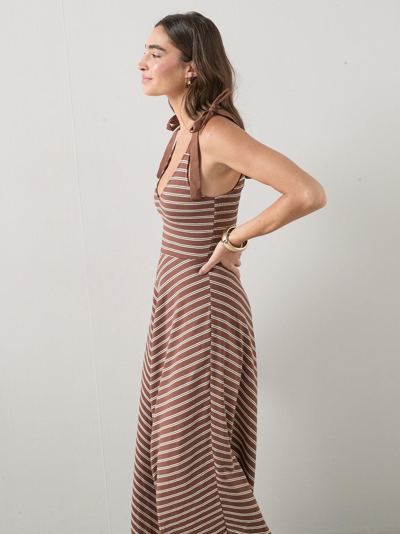 Image 6 of 6 of The Very Collection Tie Shoulder Stripe Midi Dress - Brown