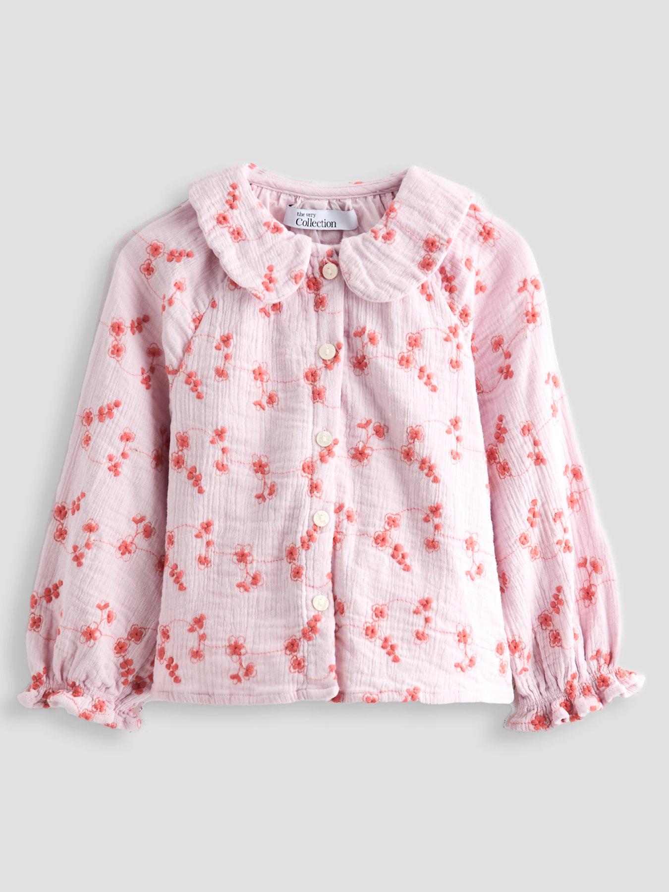 The Very Collection Girls Button Up Ditsy Broiderie Long Sleeve Shirt - Light Pink