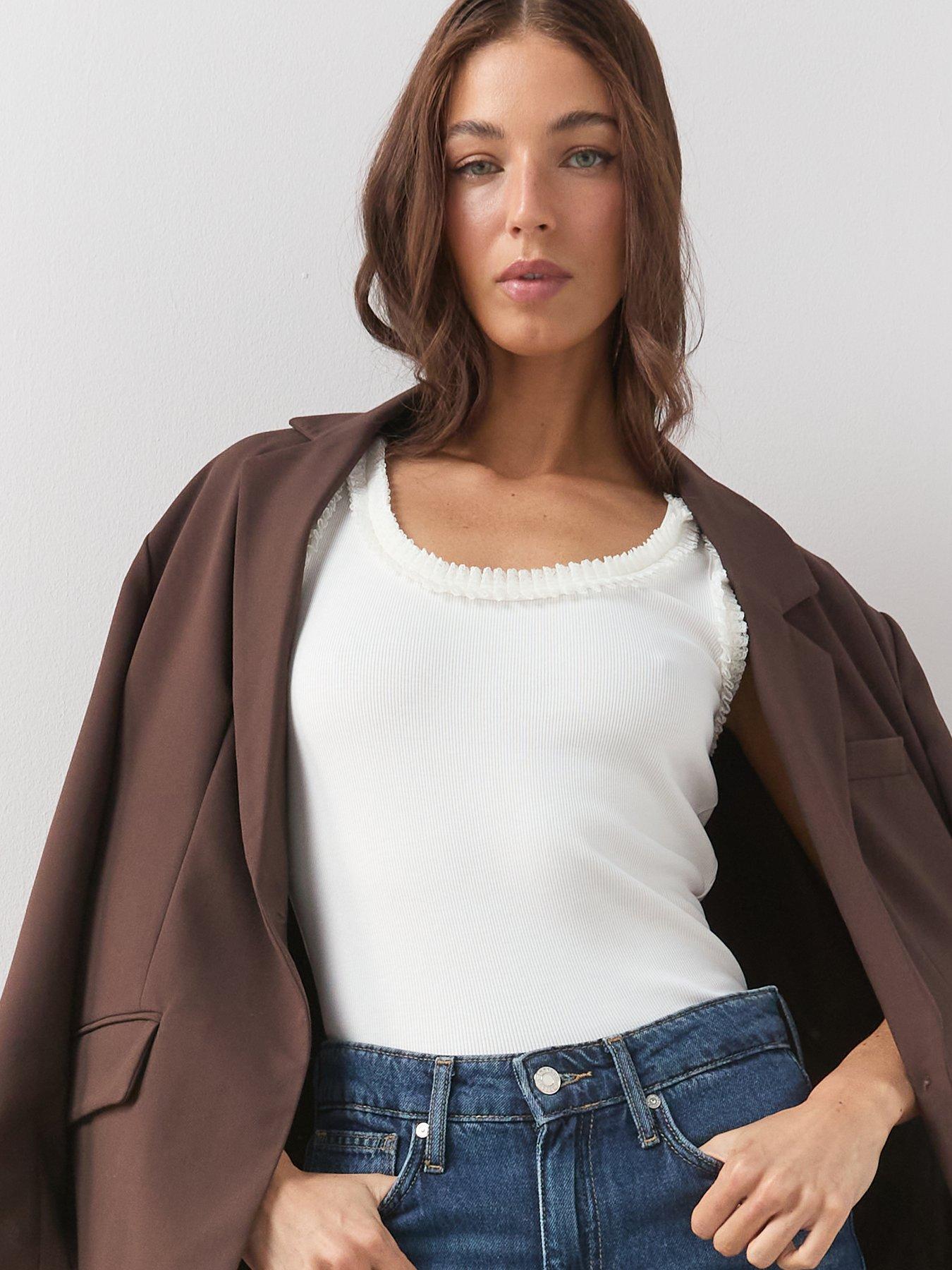 Image 6 of 6 of The Very Collection Lace Trim Ribbed Vest - Cream