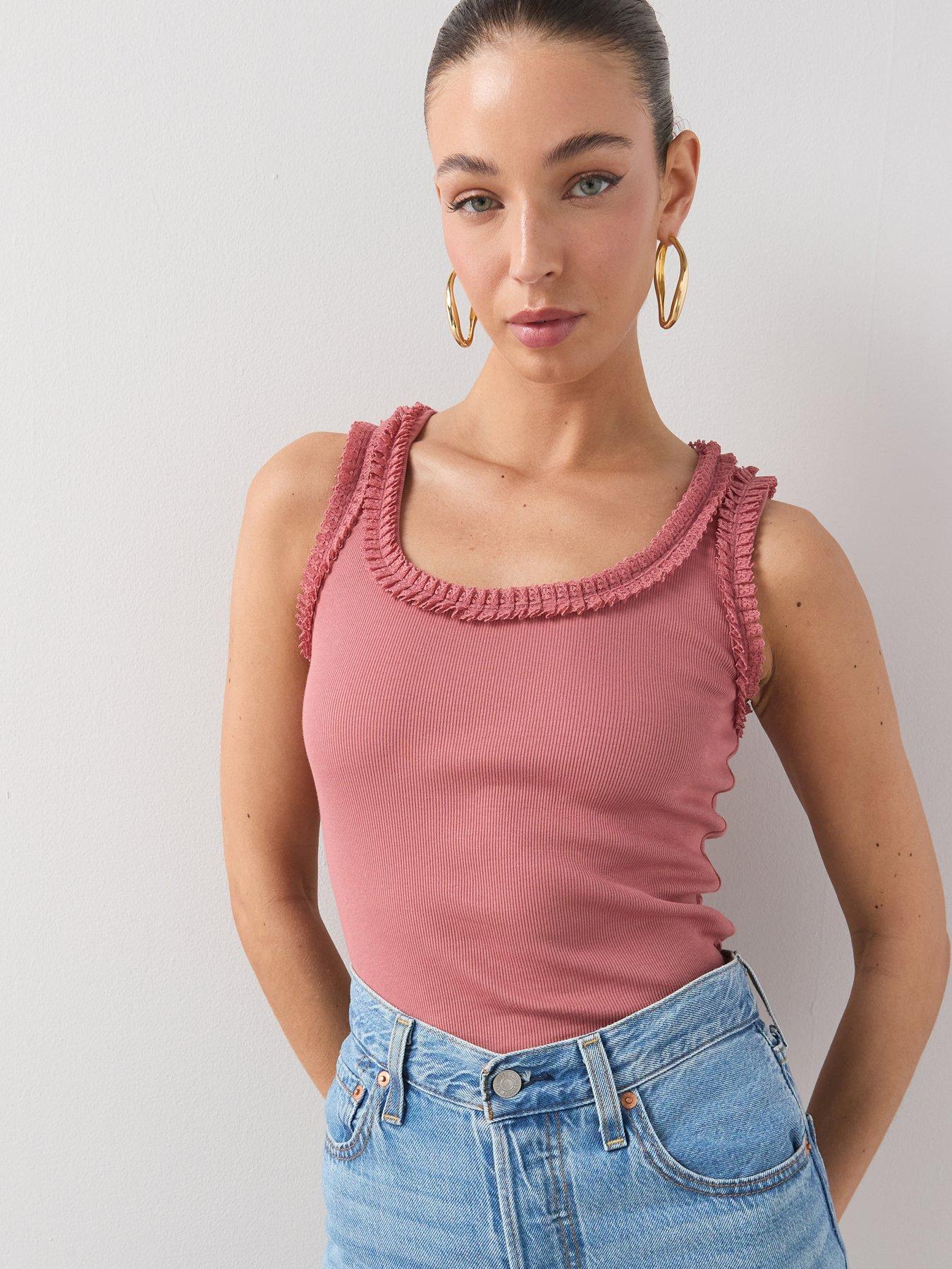 Image 1 of 6 of The Very Collection Lace Trim Ribbed Vest - Pink