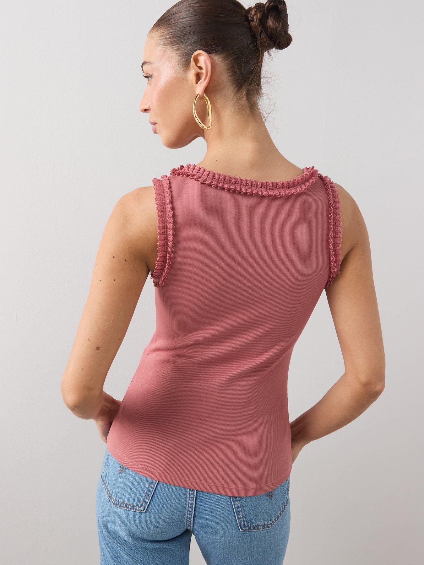 Image 2 of 6 of The Very Collection Lace Trim Ribbed Vest - Pink