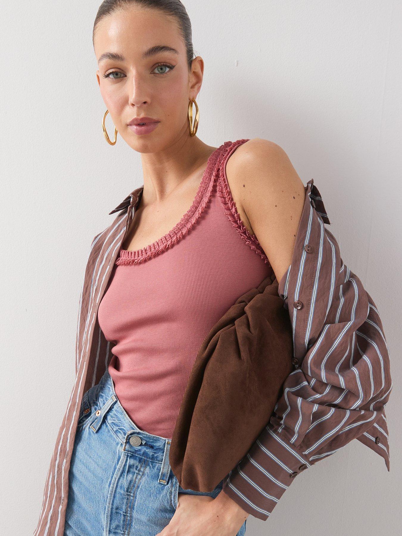 Image 4 of 6 of The Very Collection Lace Trim Ribbed Vest - Pink