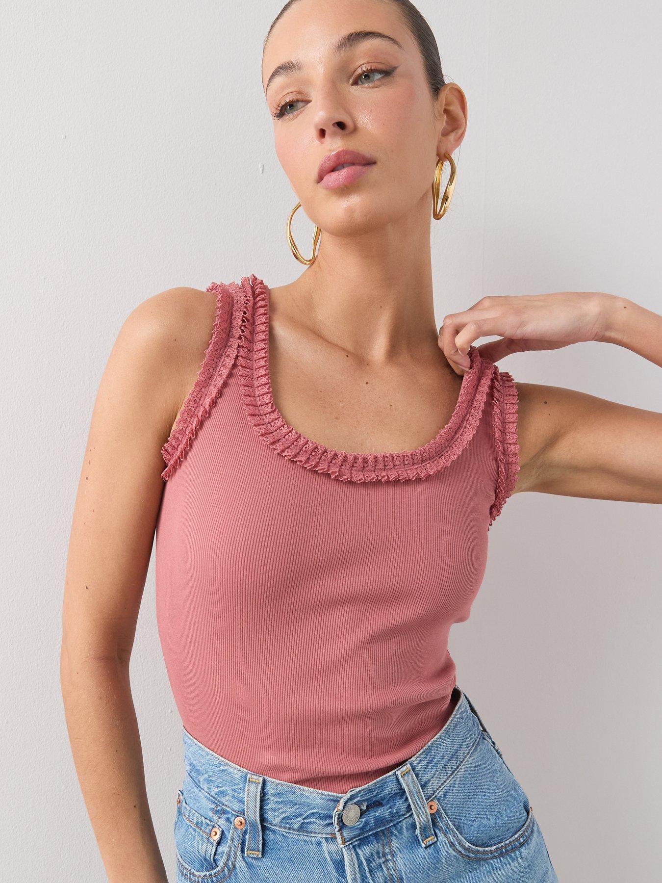 Image 6 of 6 of The Very Collection Lace Trim Ribbed Vest - Pink