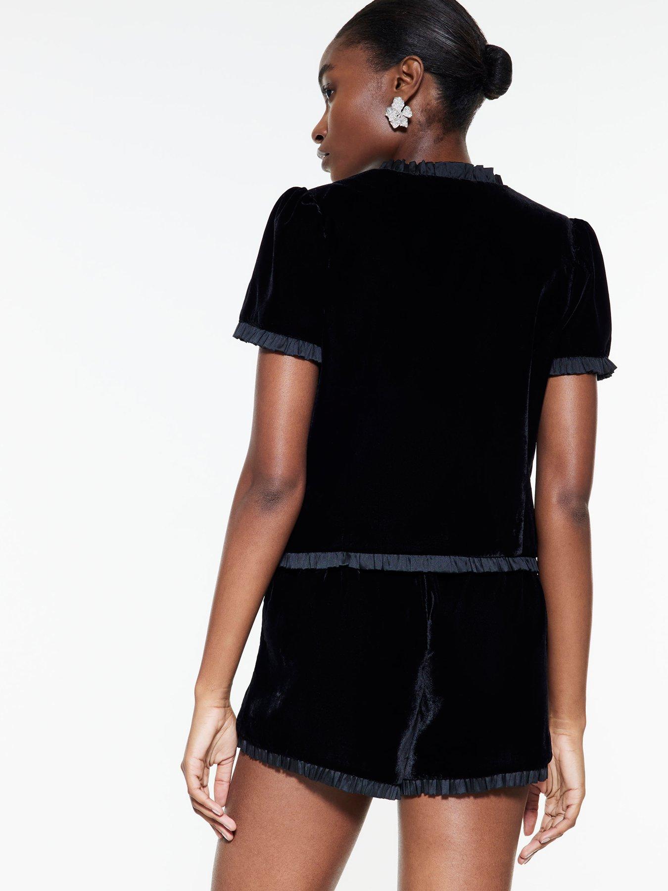 Image 2 of 4 of River Island Short Velvet Frill Button Top - Black