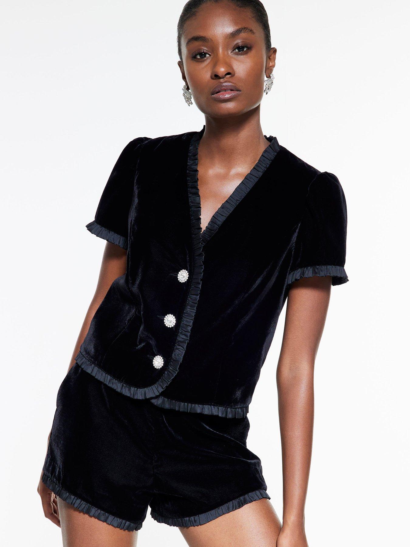 Image 4 of 4 of River Island Short Velvet Frill Button Top - Black