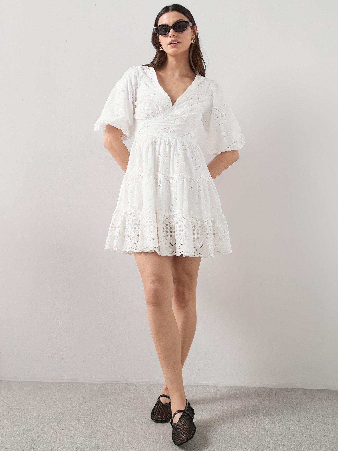 The Very Collection Broderie Puff Sleeve V Neck Mini Dress - White
