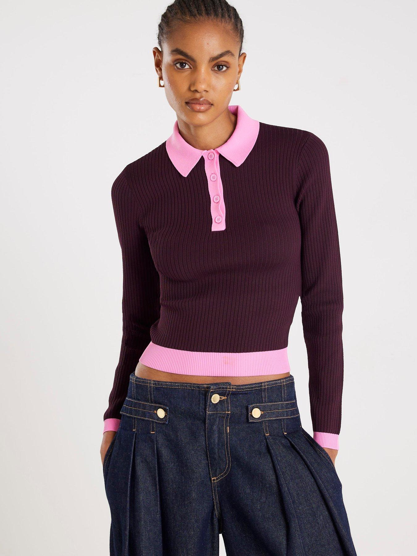 river-island-long-sleeve-ribbed-polo-top-brown