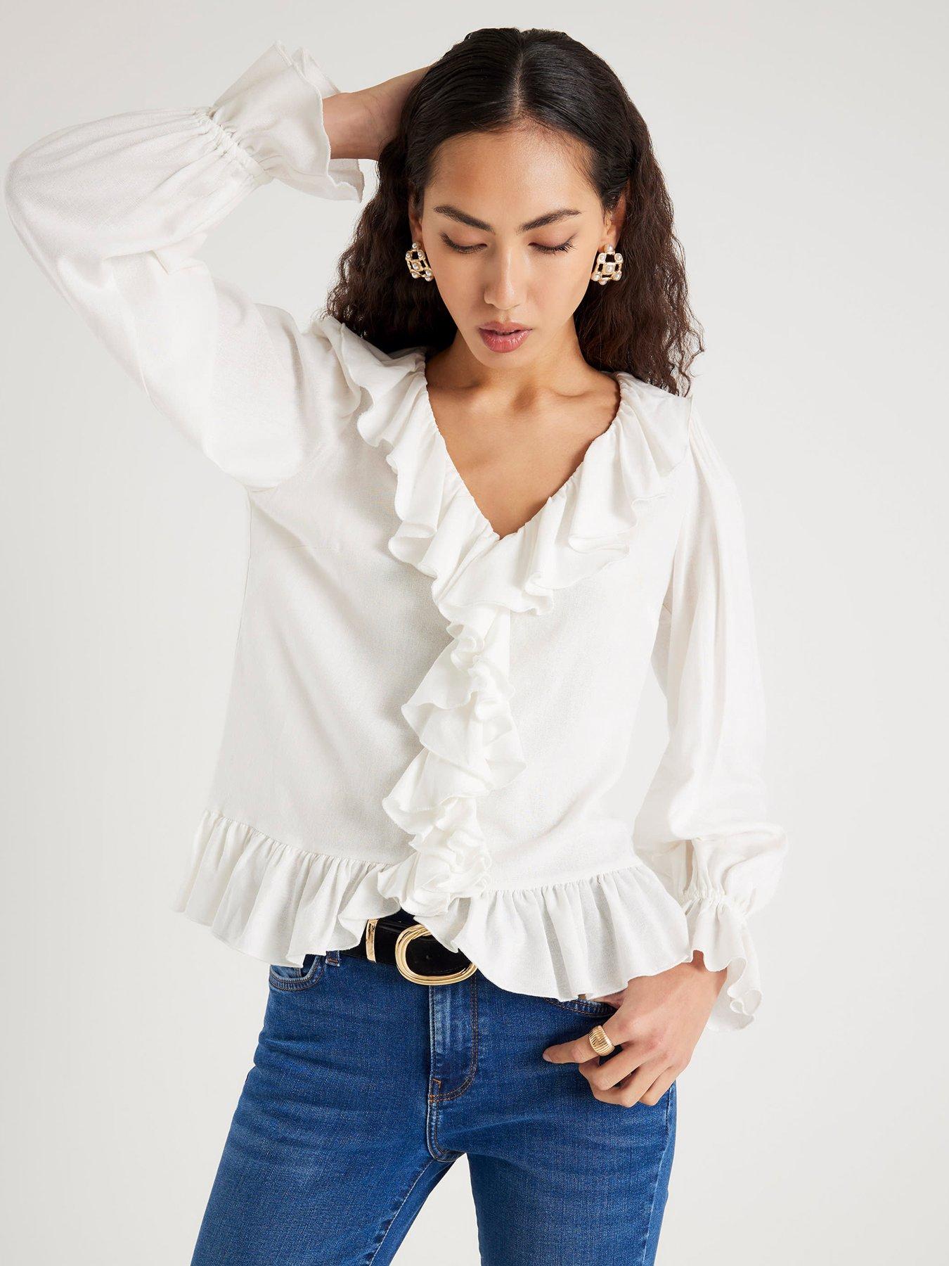 River Island Long Sleeve Ruffle Blouse - Cream