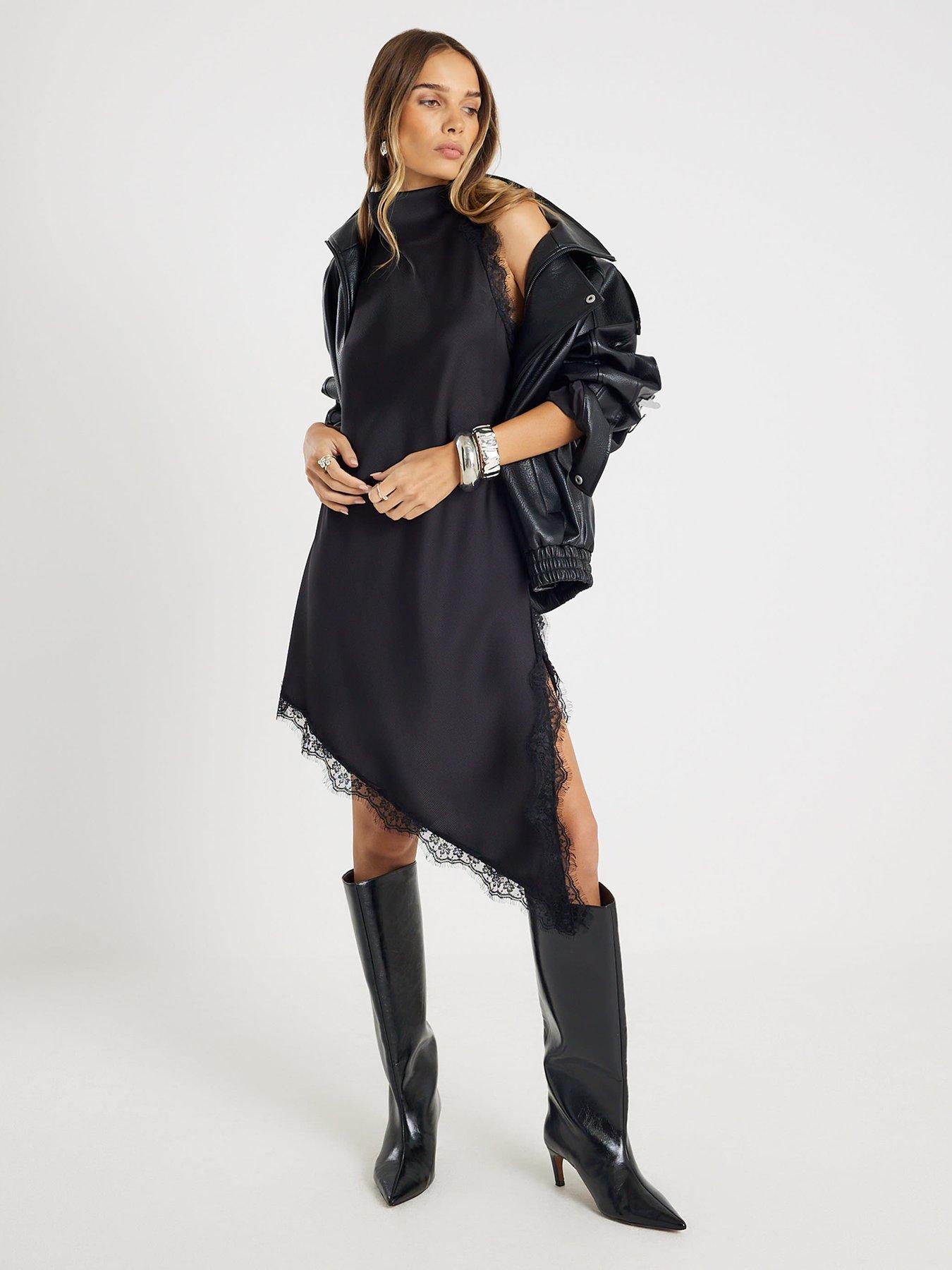 river island black dress lace River Island satin slip dress with lace detail in black