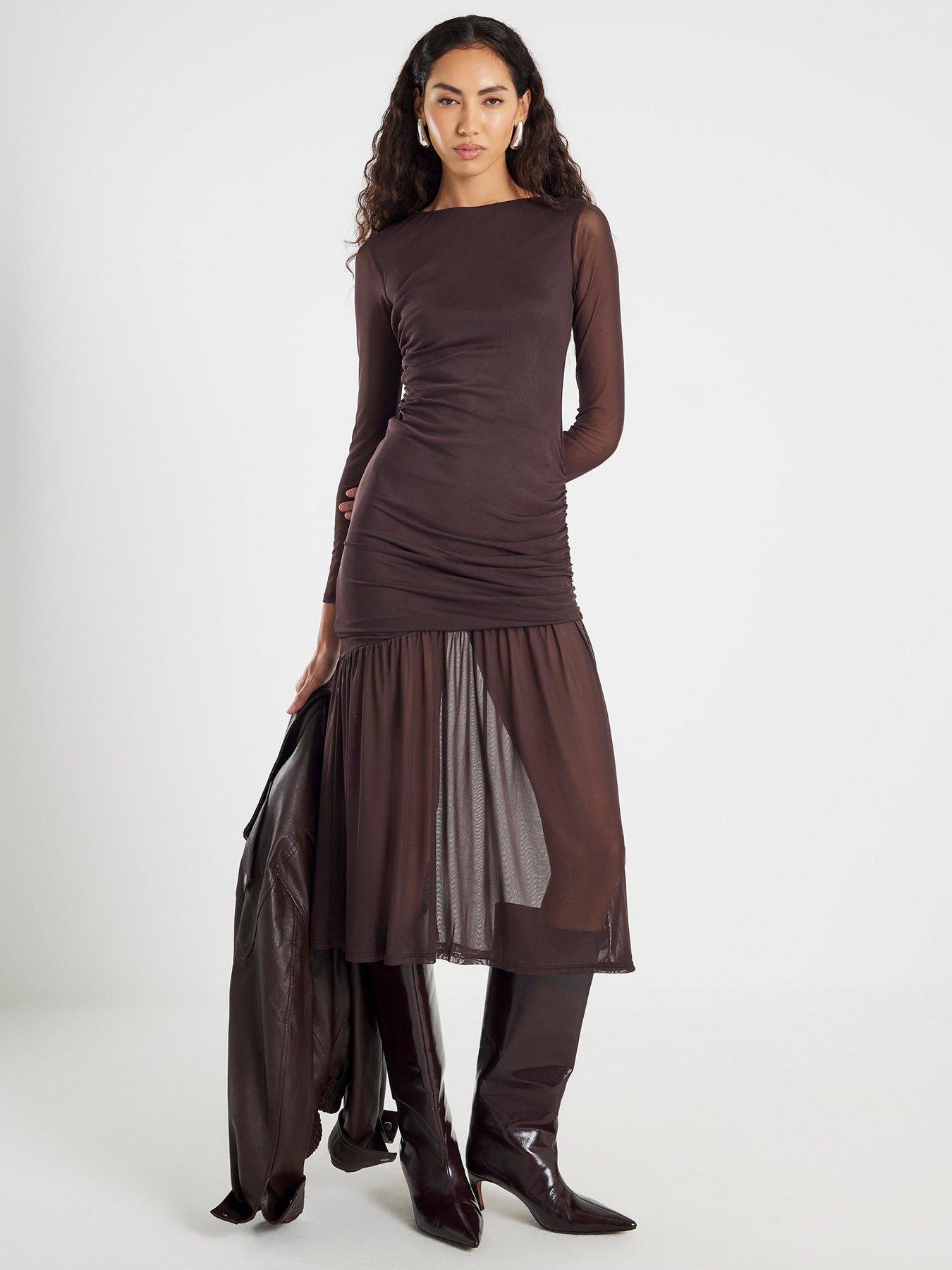 river island brown dress River Island Polo Long Sleeve Midi Dress in Light Brown at Nordstrom, Size 6