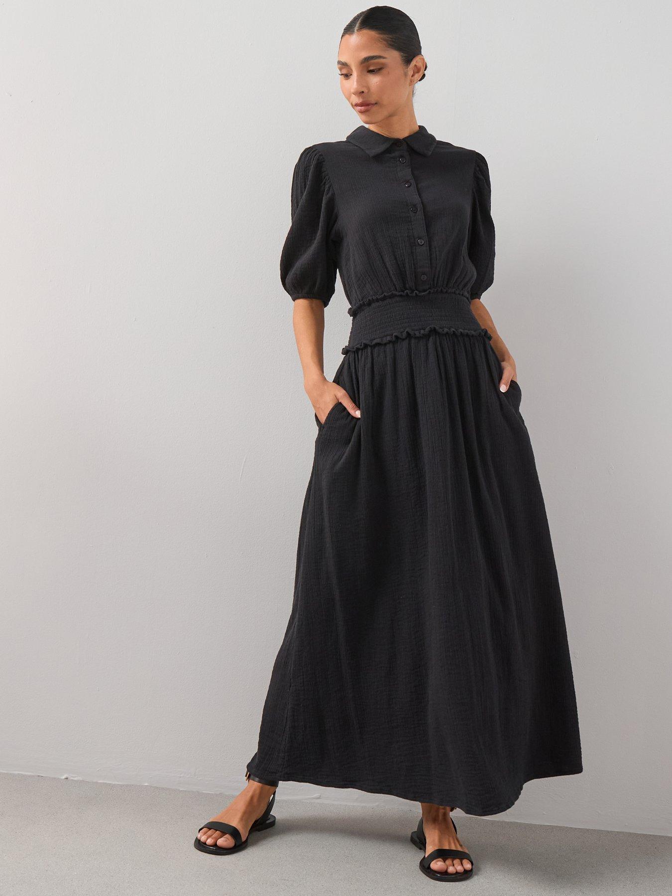 The Very Collection Cheesecloth Puff Sleeve Midi Dress - Black