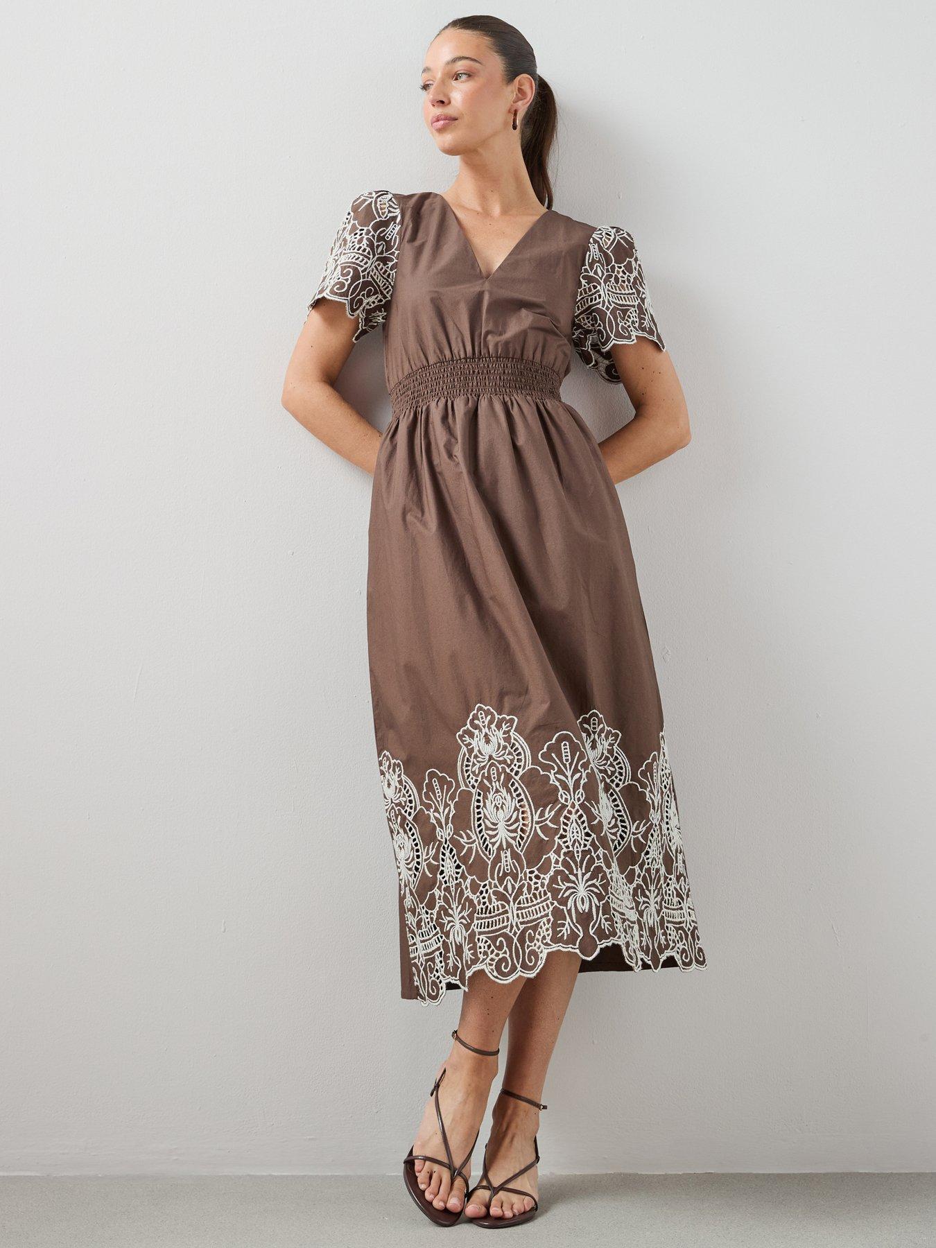 Image 1 of 6 of The Very Collection Broderie Contrast Detail Midaxi Dress - Brown