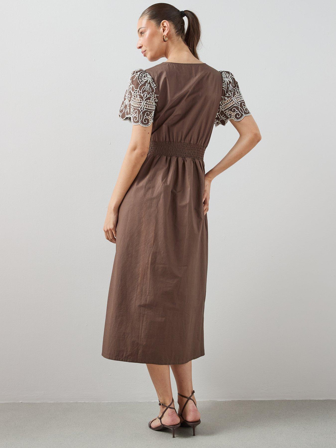 Image 2 of 6 of The Very Collection Broderie Contrast Detail Midaxi Dress - Brown