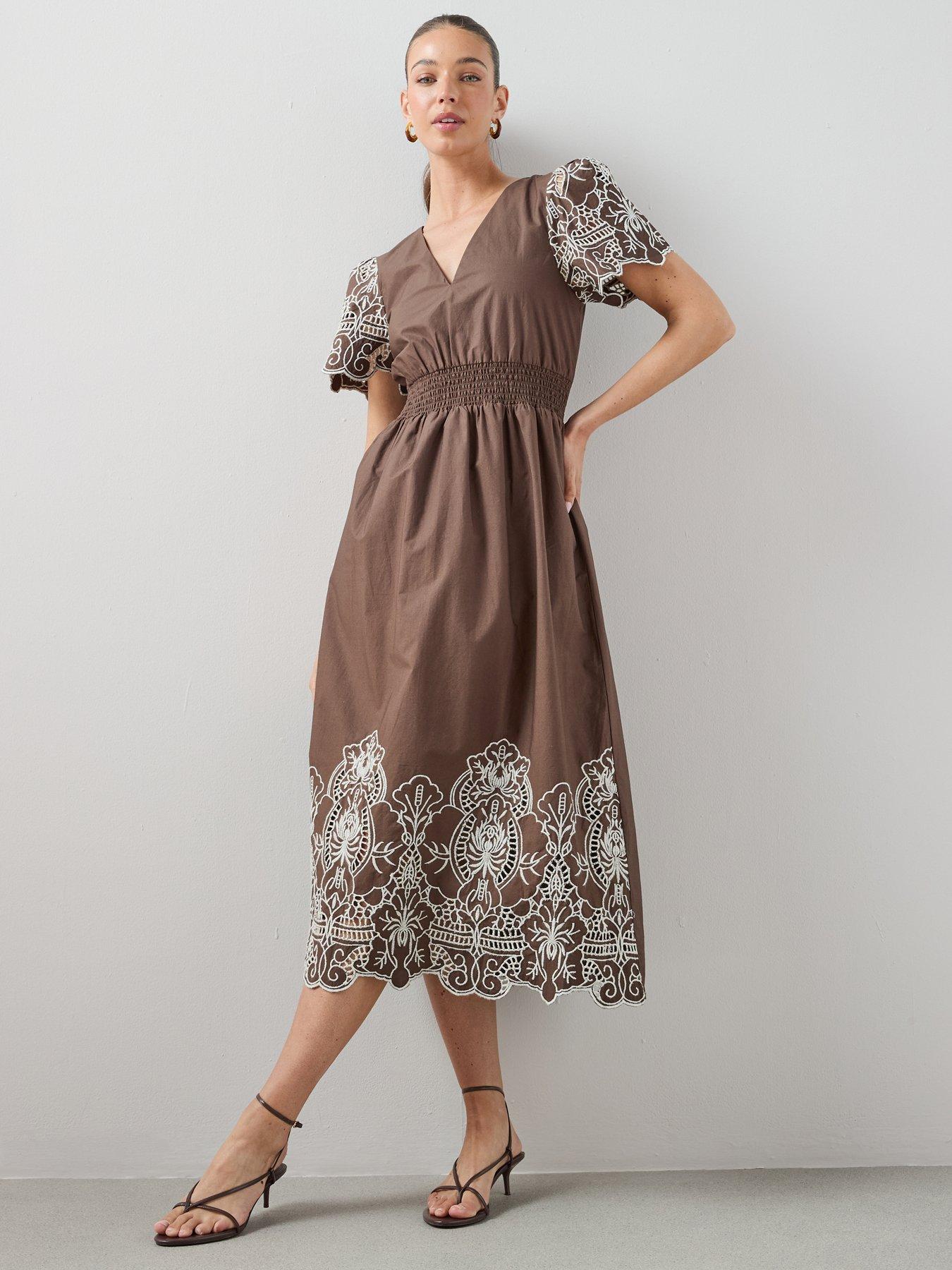 Image 3 of 6 of The Very Collection Broderie Contrast Detail Midaxi Dress - Brown