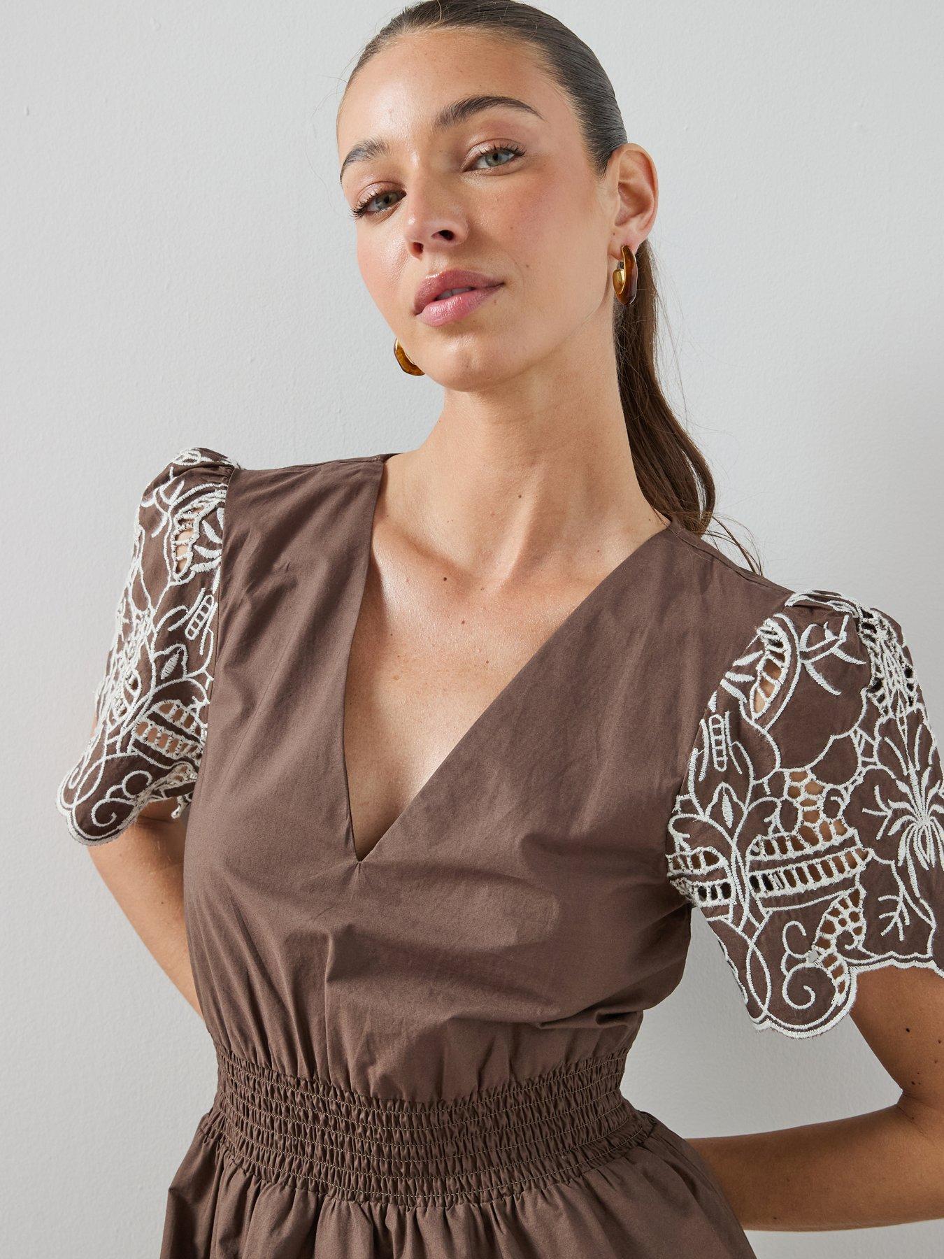 Image 4 of 6 of The Very Collection Broderie Contrast Detail Midaxi Dress - Brown