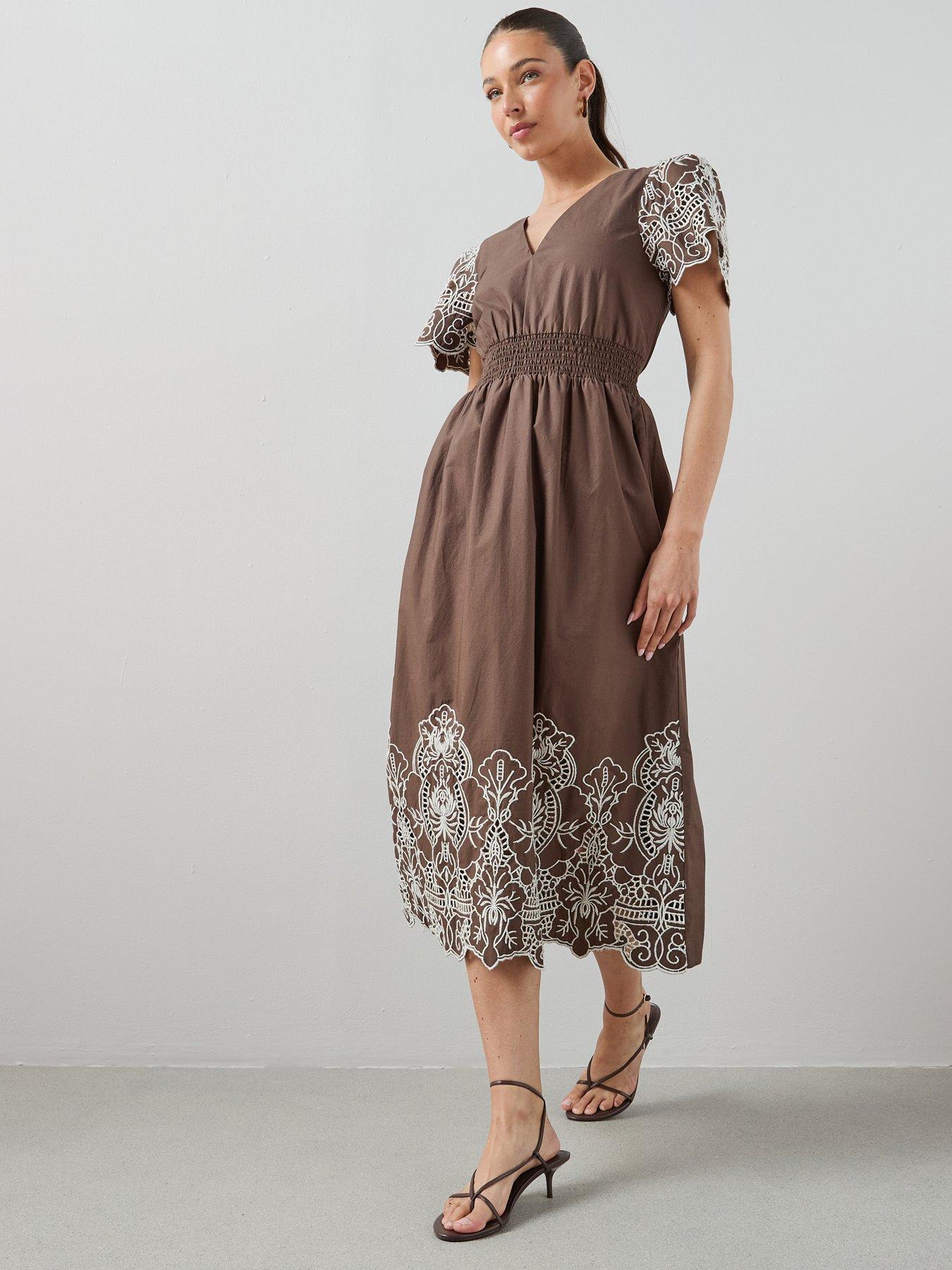 Image 5 of 6 of The Very Collection Broderie Contrast Detail Midaxi Dress - Brown