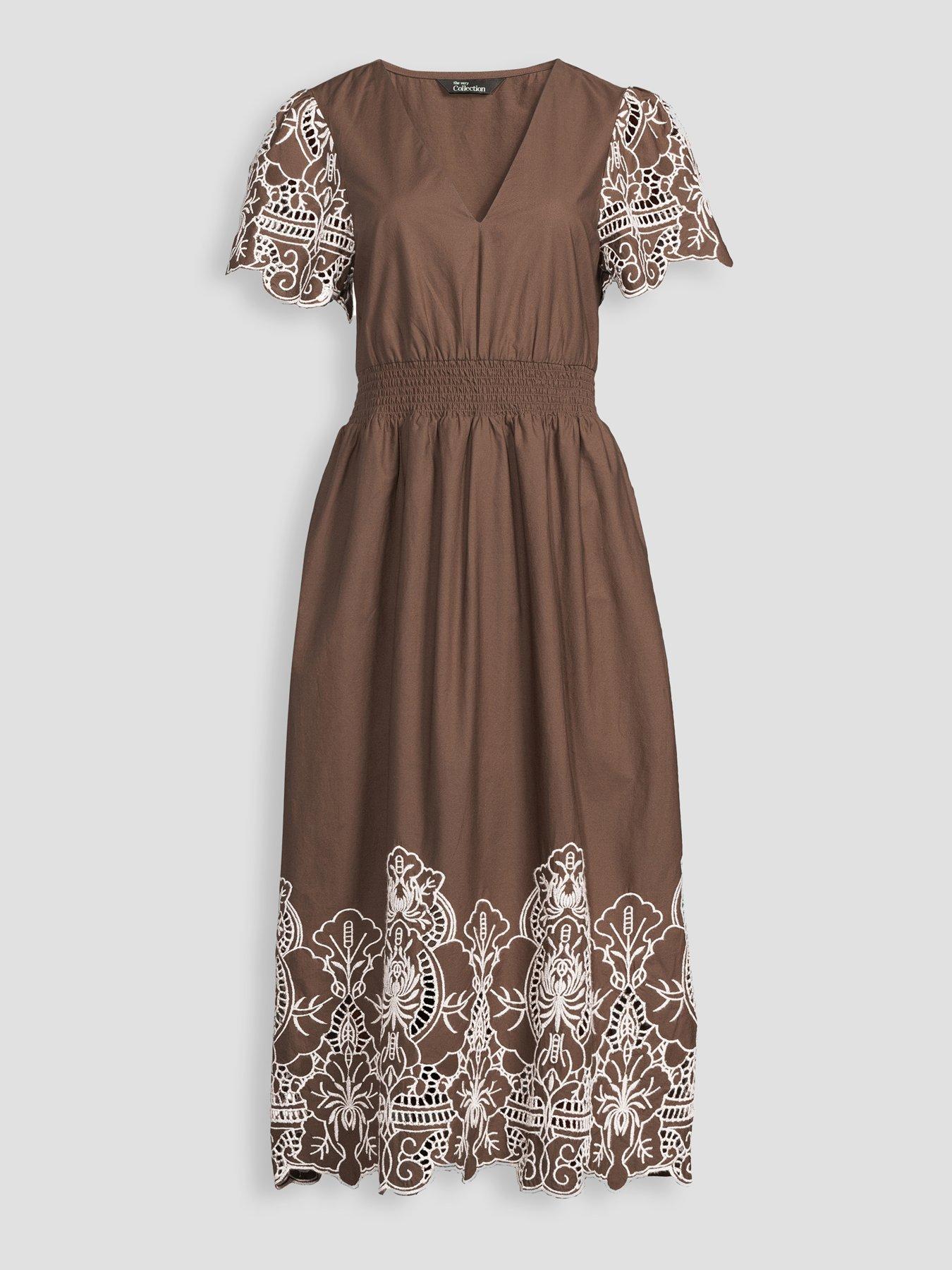Image 6 of 6 of The Very Collection Broderie Contrast Detail Midaxi Dress - Brown