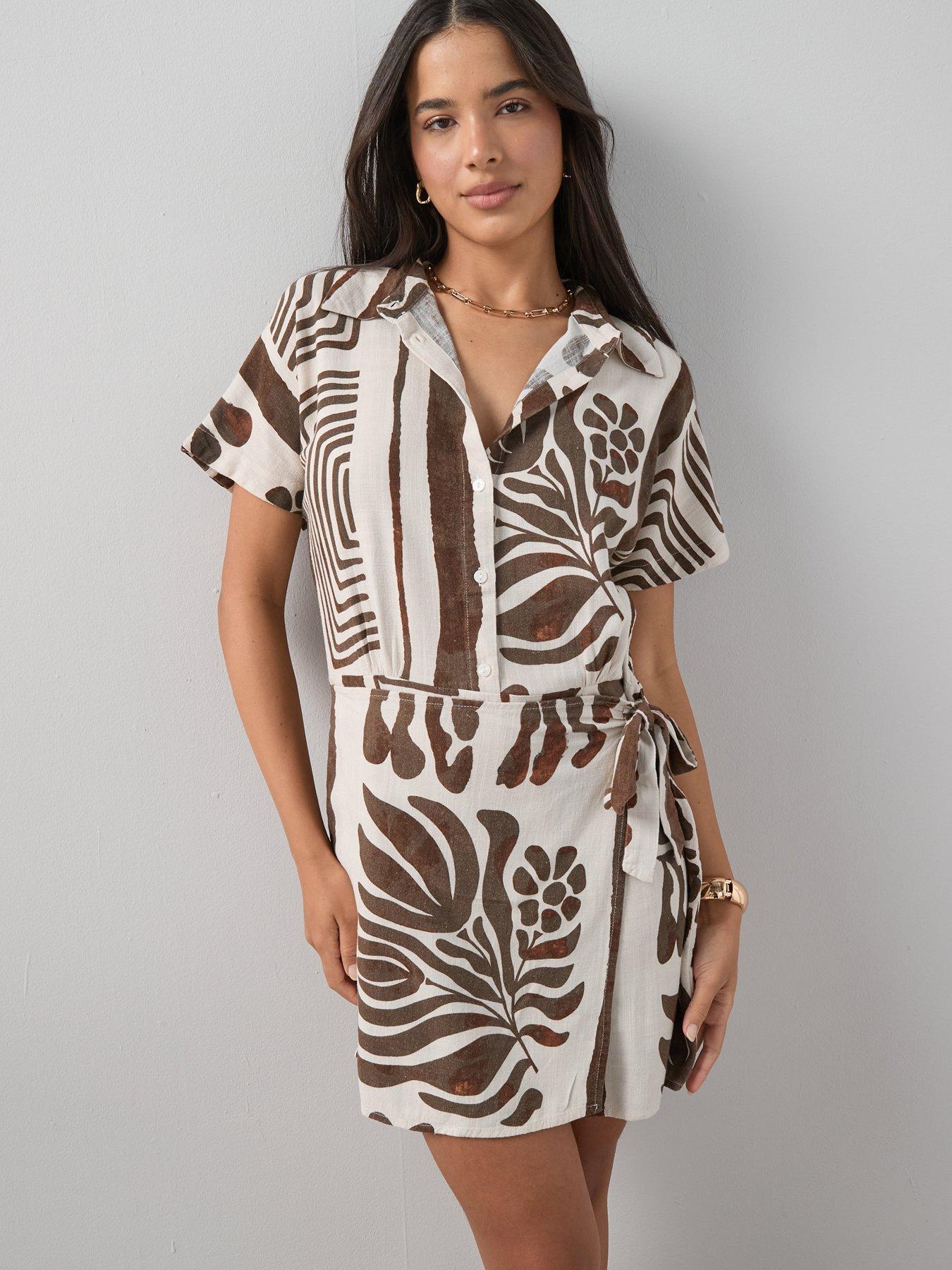 Image 1 of 7 of The Very Collection Linen Blend Wrap Mini Dress - Print