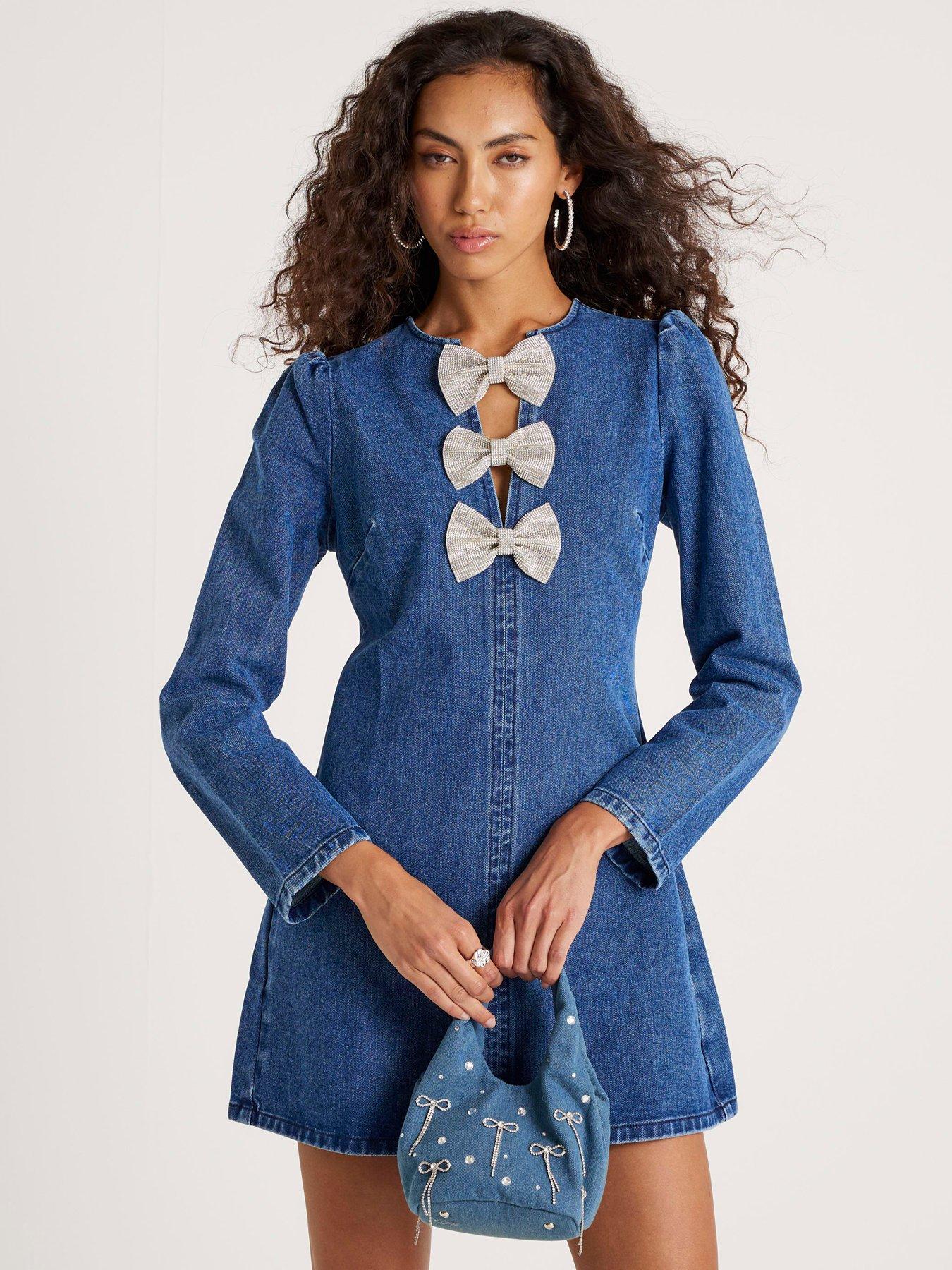 chinese dress ladies Embellished Long Sleeve Mini Dress in Blue - 6 / Regular main image 0