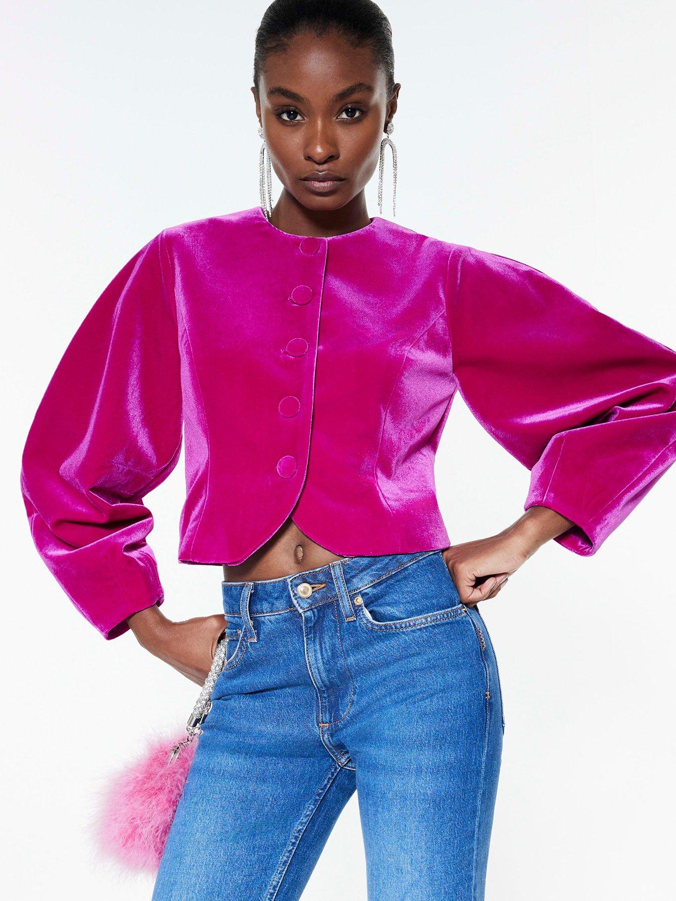 Image 1 of 4 of River Island Long Sleeve Banana Velvet Jacket - Pink