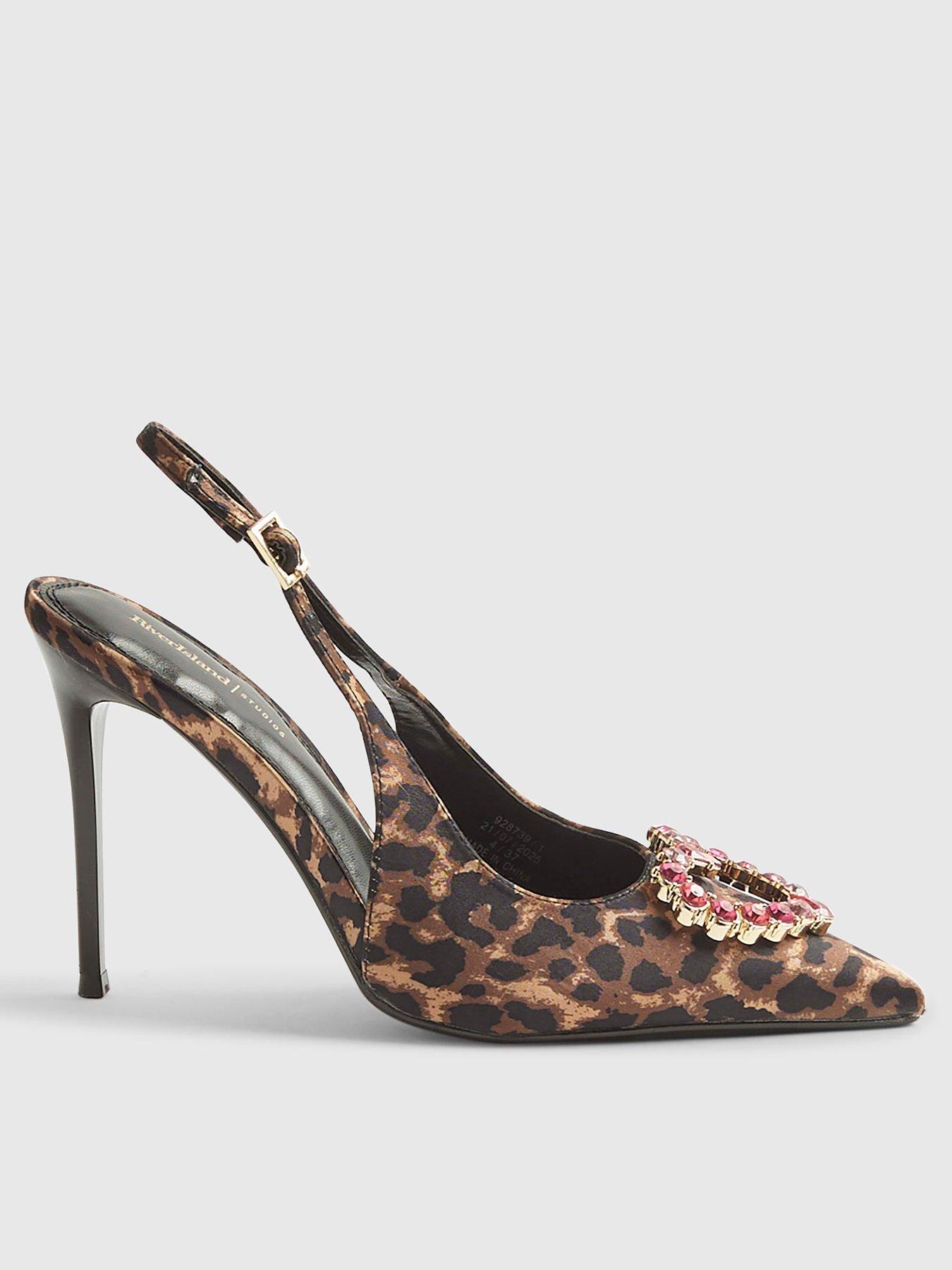 Image 1 of 5 of River Island Print Heart Brooch Slingback - Brown