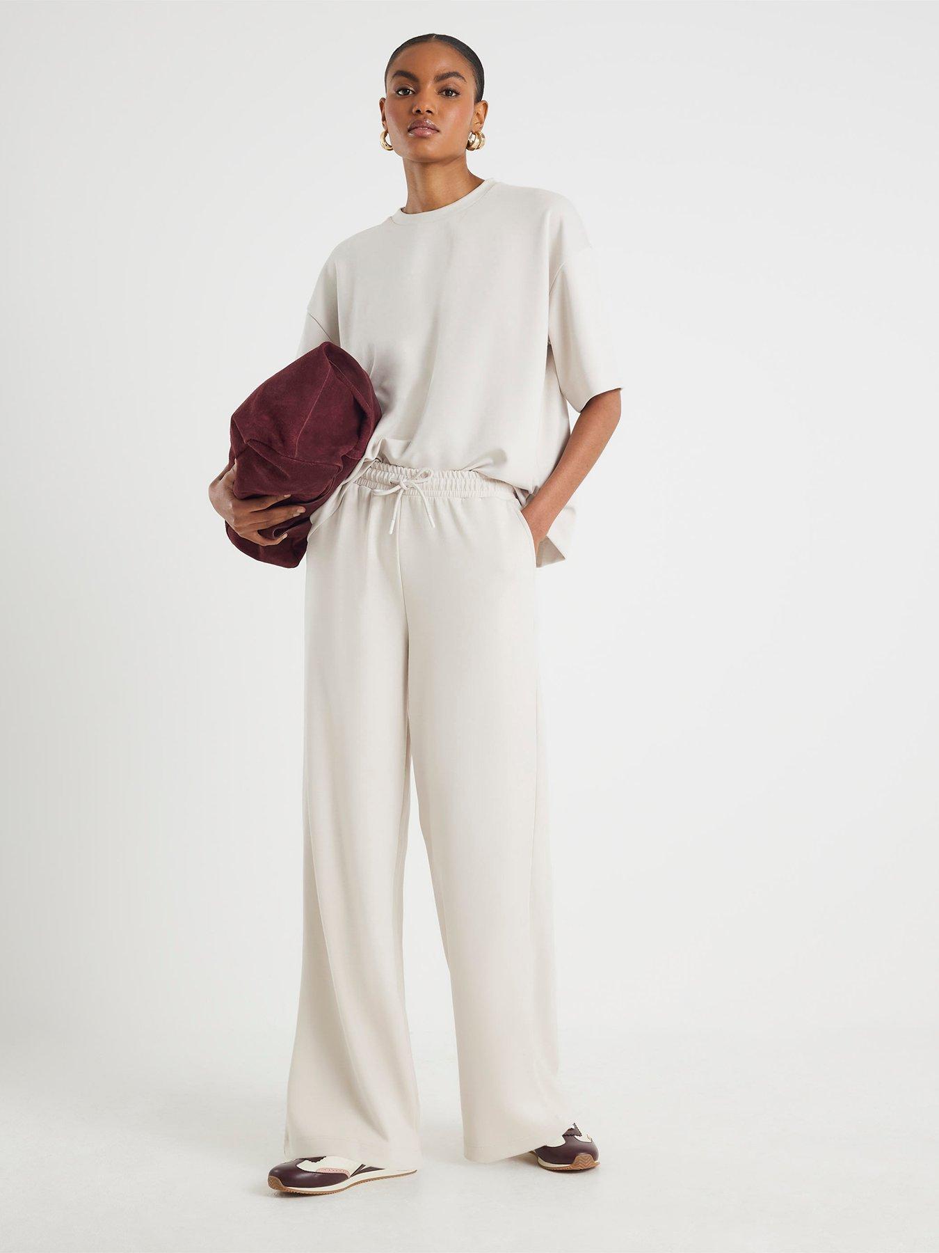 Image 1 of 6 of River Island High Waist Premium Wide Leg Jogger - Cream