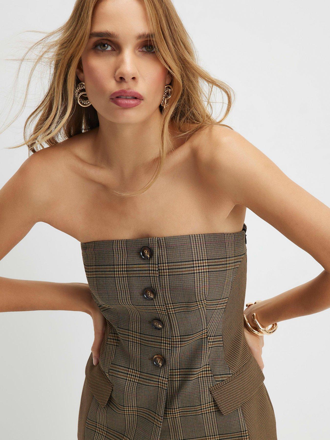 River Island Check Print Sleeveless Bandeau Top - Brown