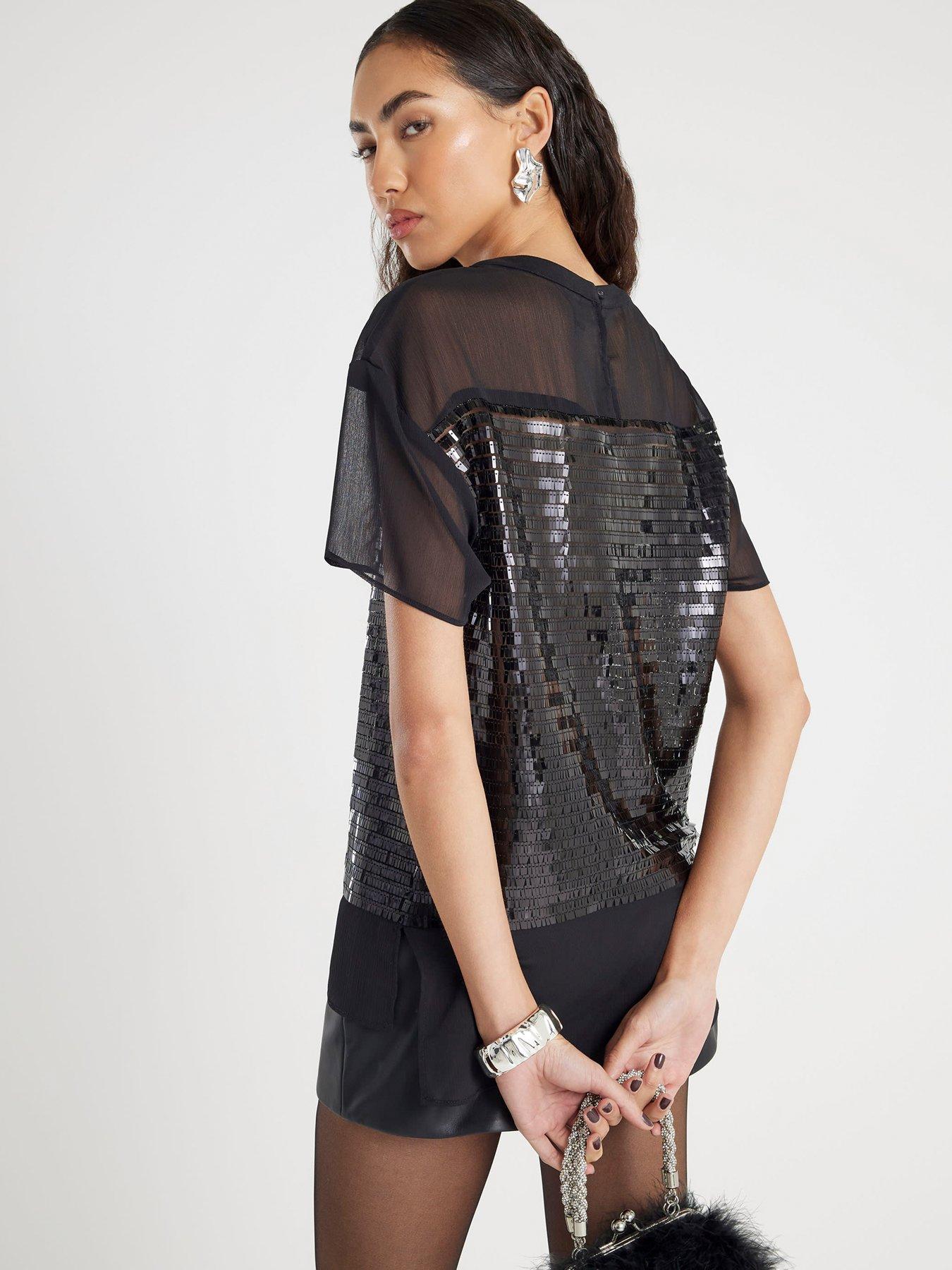 Image 2 of 4 of River Island Short Sleeve Sequin Top - Black